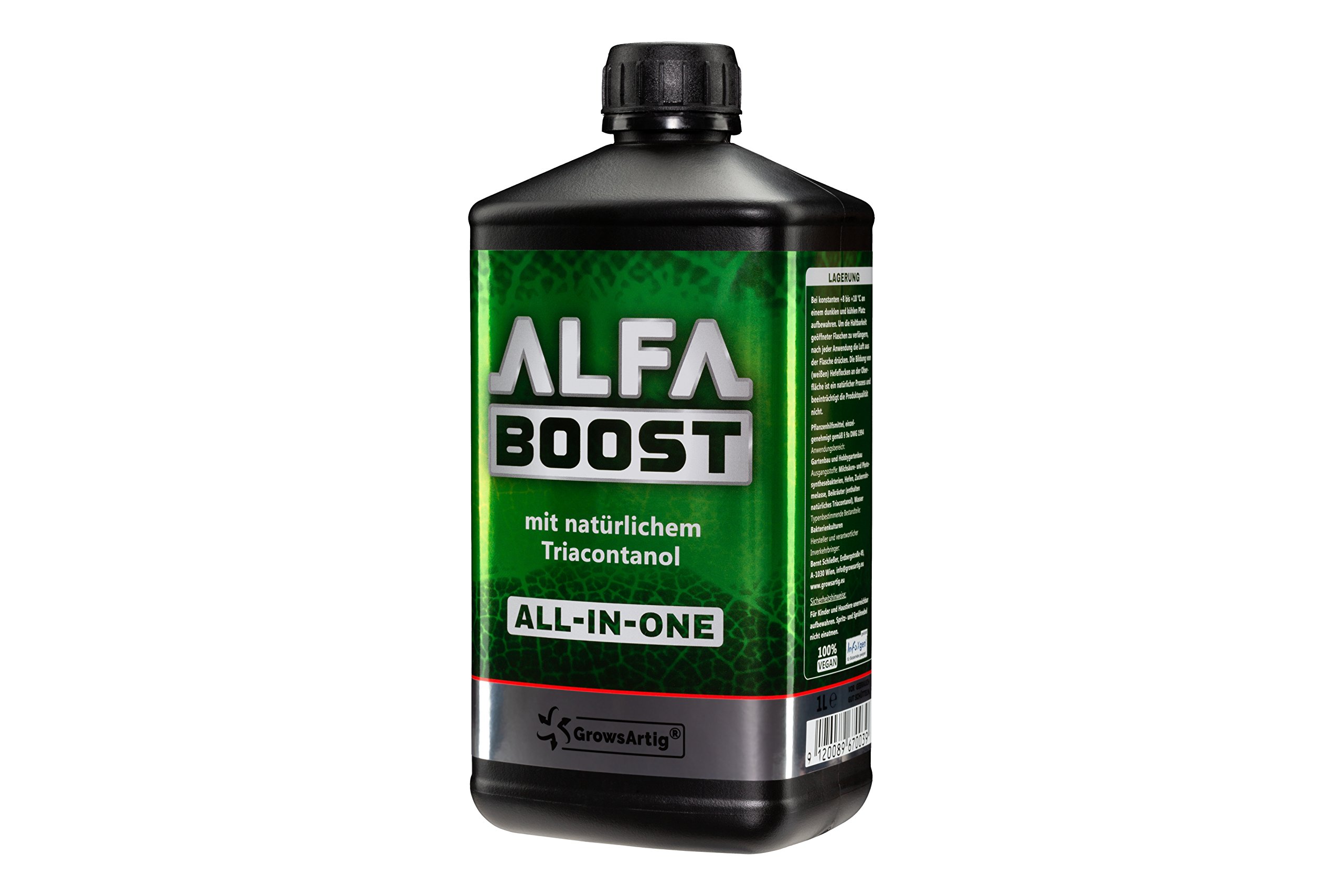 ALFA Boost All-IN-ONE Pflanzen-Booster mit Triacontanol 1 Liter. Für Blüte, Wachstum und Bewurzelung. Steigert den Ertrag. Biozertifiziert.