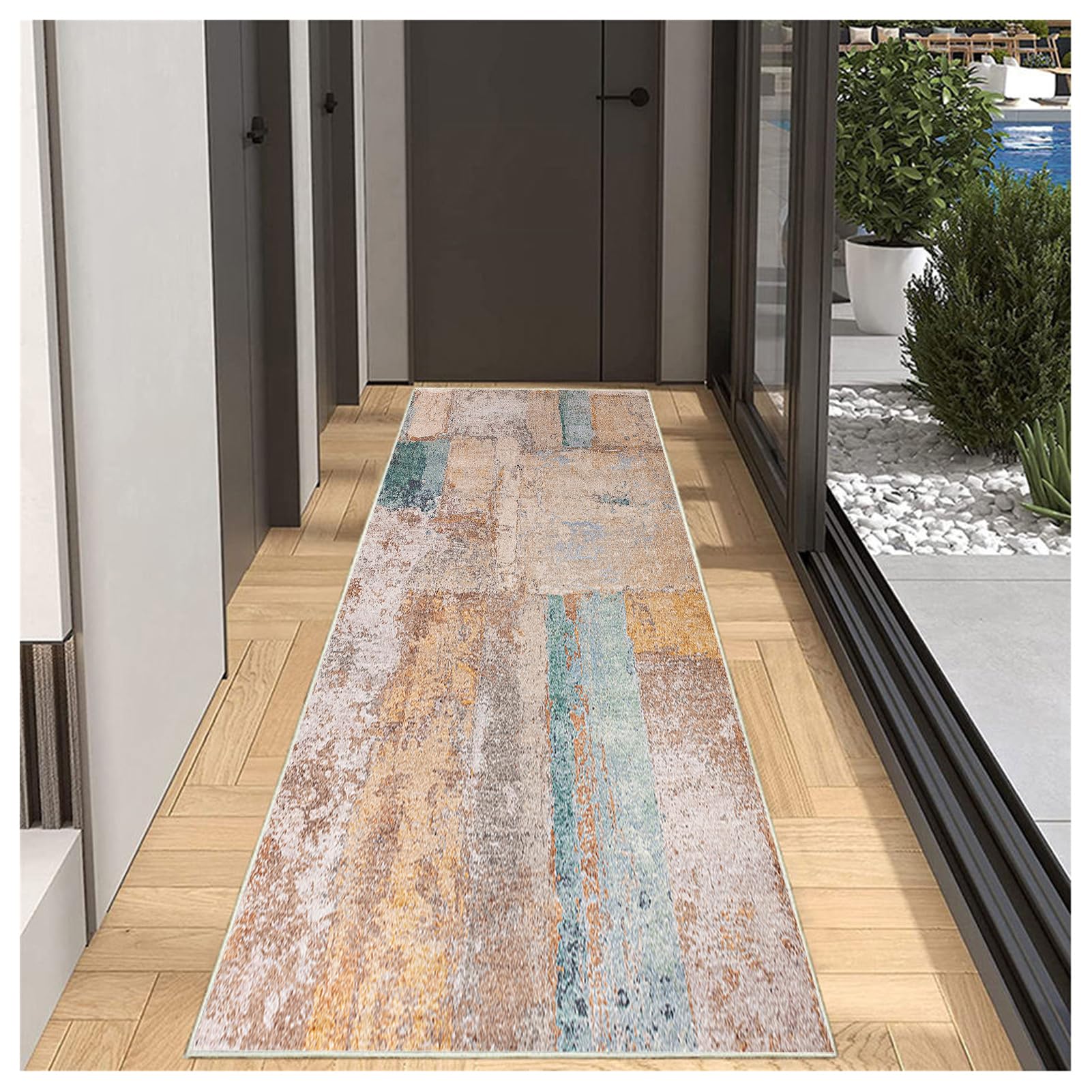 BORKOY Runner Hallway Kitchen Washable Non-Slip 120x450cm Abstract Coffee Blue Vintage Long Kitchen Rug Hallway Rug for Corridor Living Room Entryway Bedroom Sold by Metre Adjustable โ image 1