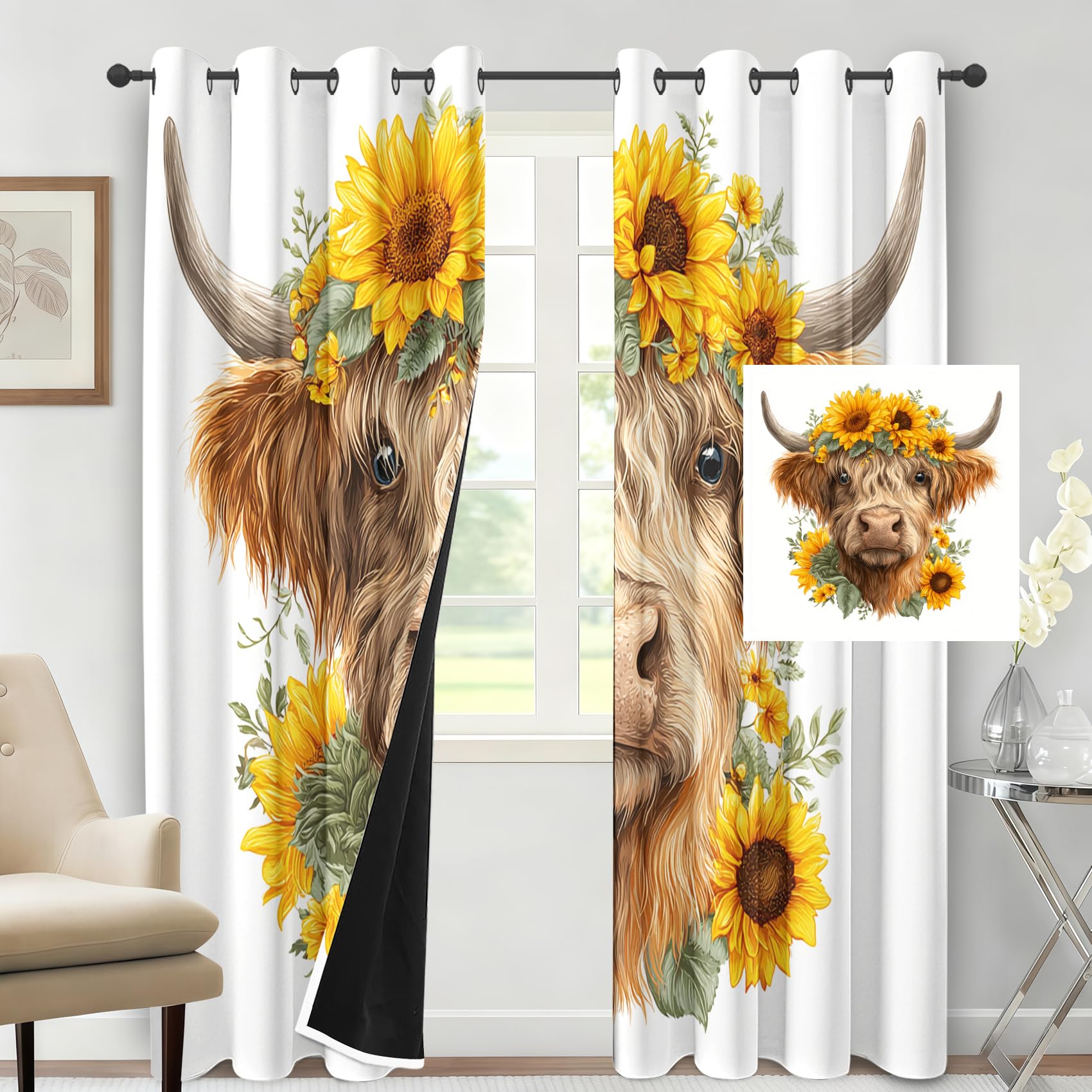 Generisch Verdunklungsvorhänge mit Muster Bauernhof Tier | Hochland Kuh Vorhang Blickdicht mit Ösen für Schlafzimmer Wohnzimmer Heimbüro Dekoration 2er Set H215 x B140 cm