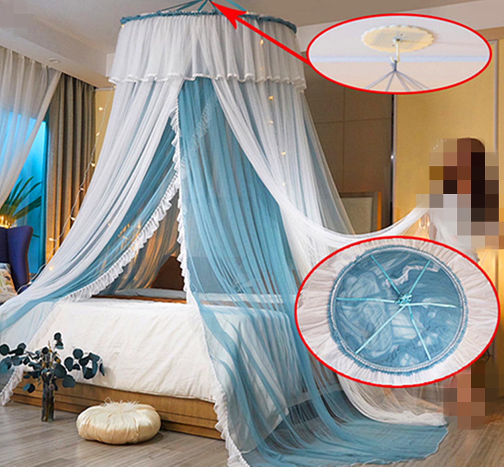 Dosel de Cama Princesa para niñas Cortina de Dosel Doble Capa de Malla Transparente Cúpula de Cortina de Cama de Encaje Redonda Mosquitera de Princesa Tienda para decoración(Azul/Blanco)
