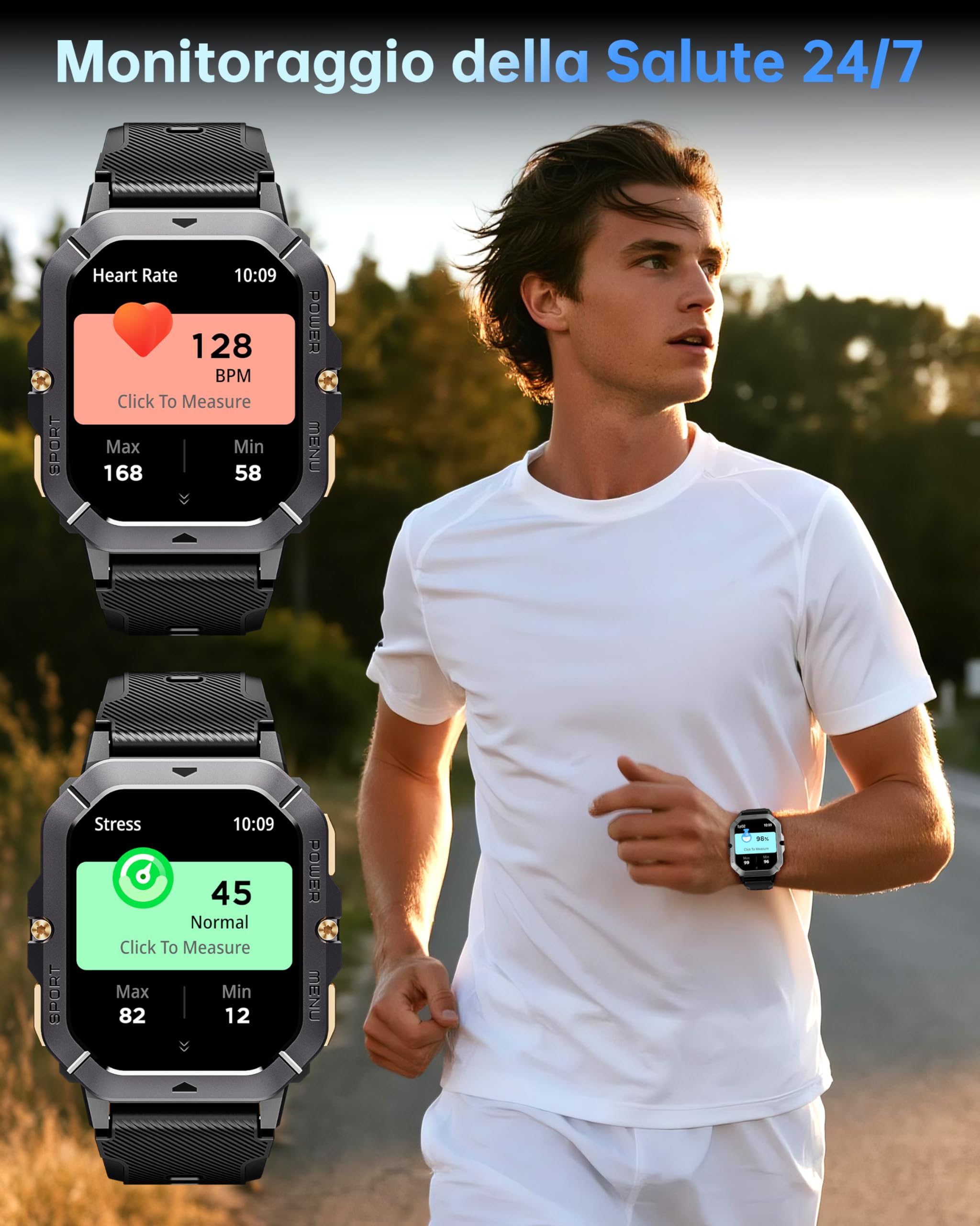 OUKITEL Smartwatch Uomo 2,02 Pollici Orologio Militare Fitness con Chiamate Bluetooth,Rugged Smart Watch Impermeabile 410mAh Sonno 100+ Modalità Sportive Contapassi per Android iOS