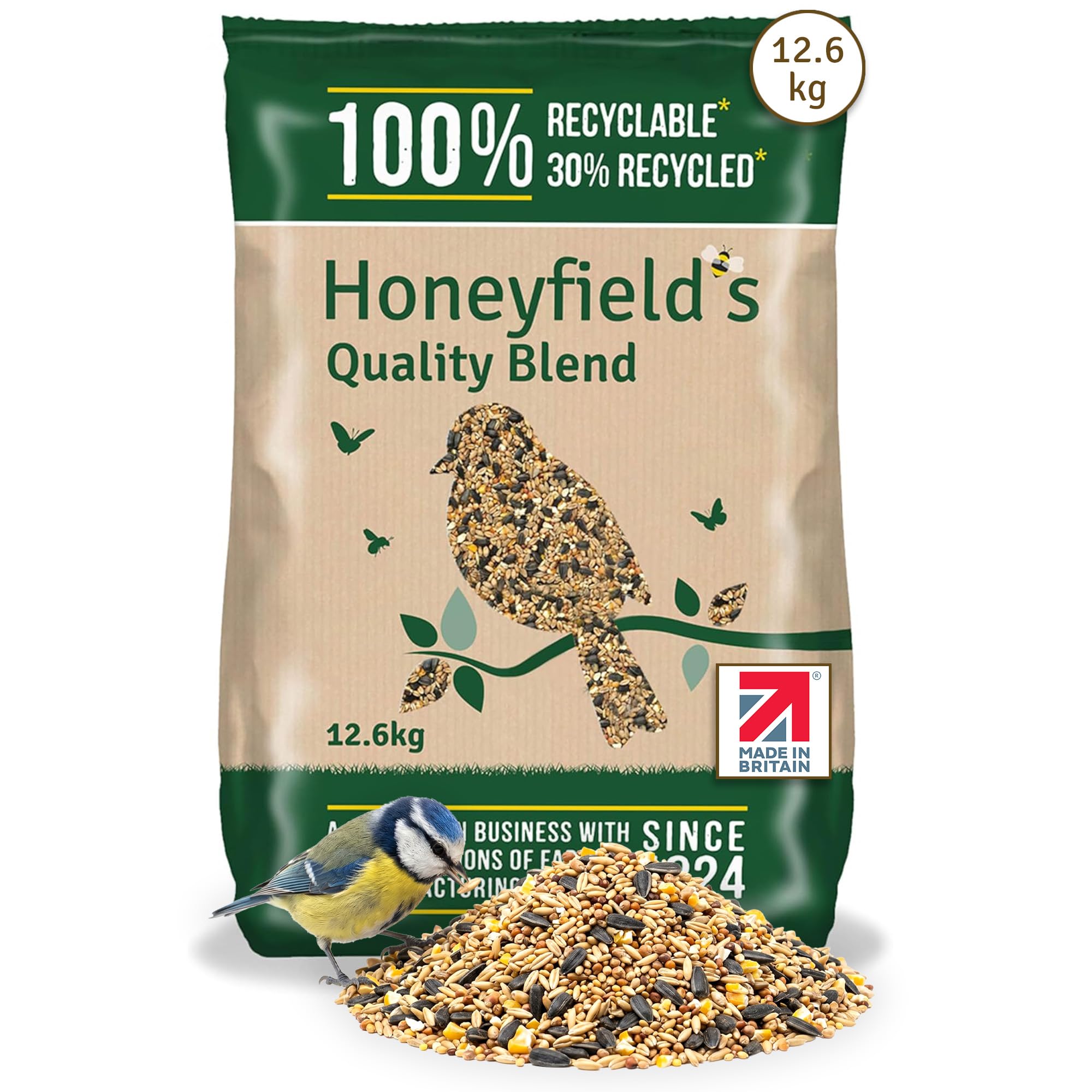 Honeyfield’s - Wild Bird Food for Outside Birds, Quality Wild Bird Seed Mix with Wheat and Black Sunflower Seeds, High in Energy, Protein, and Essential Vitamins, Bulk Bag (12.6kg)