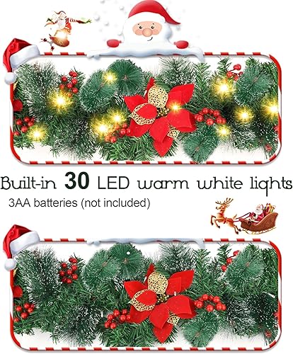 Miniatura 7 de Guirnalda de Navidad, guirnalda de Navidad con luces, decoración de Navidad, flores artificiales de ratán de 9 pies, decoración de Navidad para