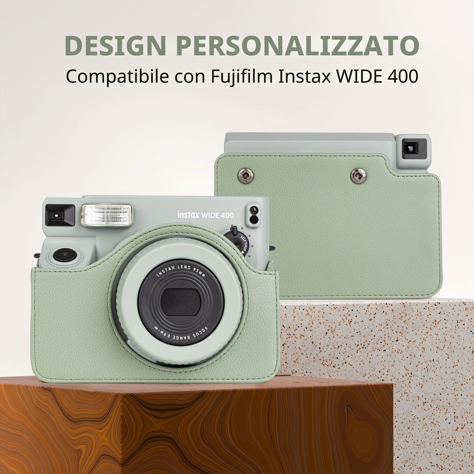 Custodia Protettiva in Pelle Compatibile con Fotocamera Istantanea Fujifilm Instax Wide 400, Custodia per Fotocamera Wide 400 con Tracolla - Verde Fresco