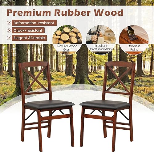 Miniatura 7 de KOTEK Juego de 2 sillas de comedor plegables, sillas de cocina de madera con asiento acolchado y respaldo en forma de X, sillas laterales plegables