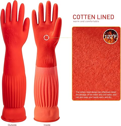 Miniatura 6 de ThxToms 2 pares de guantes de goma de limpieza, forro polar, guantes de látex para lavar platos de cocina con puño largo, pequeño