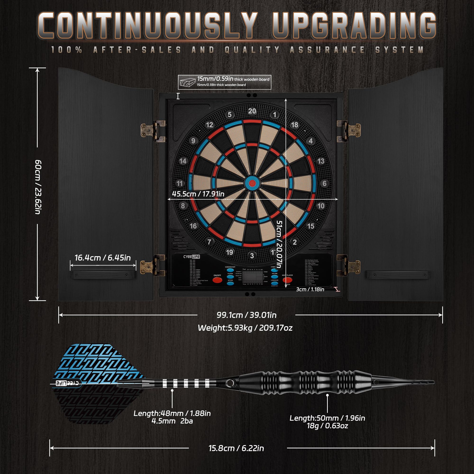 CyeeLife Bersaglio per Freccette Elettronico con Cabinet in Legno, Dartboard Elettronico, Bersaglio con 34 Giochi e 355 Varianti, Modalità per 8 Giocatori, Display LED