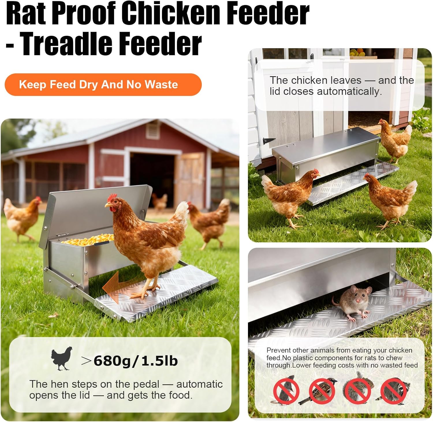 Chicken Feeder Rat Proof Automatic Treadle Feeder No Waste,Stainless Steel Outdoor Chicken Food Dispesner for Polutry and Duck Bantams Pheasants,with Weatherproof Lid