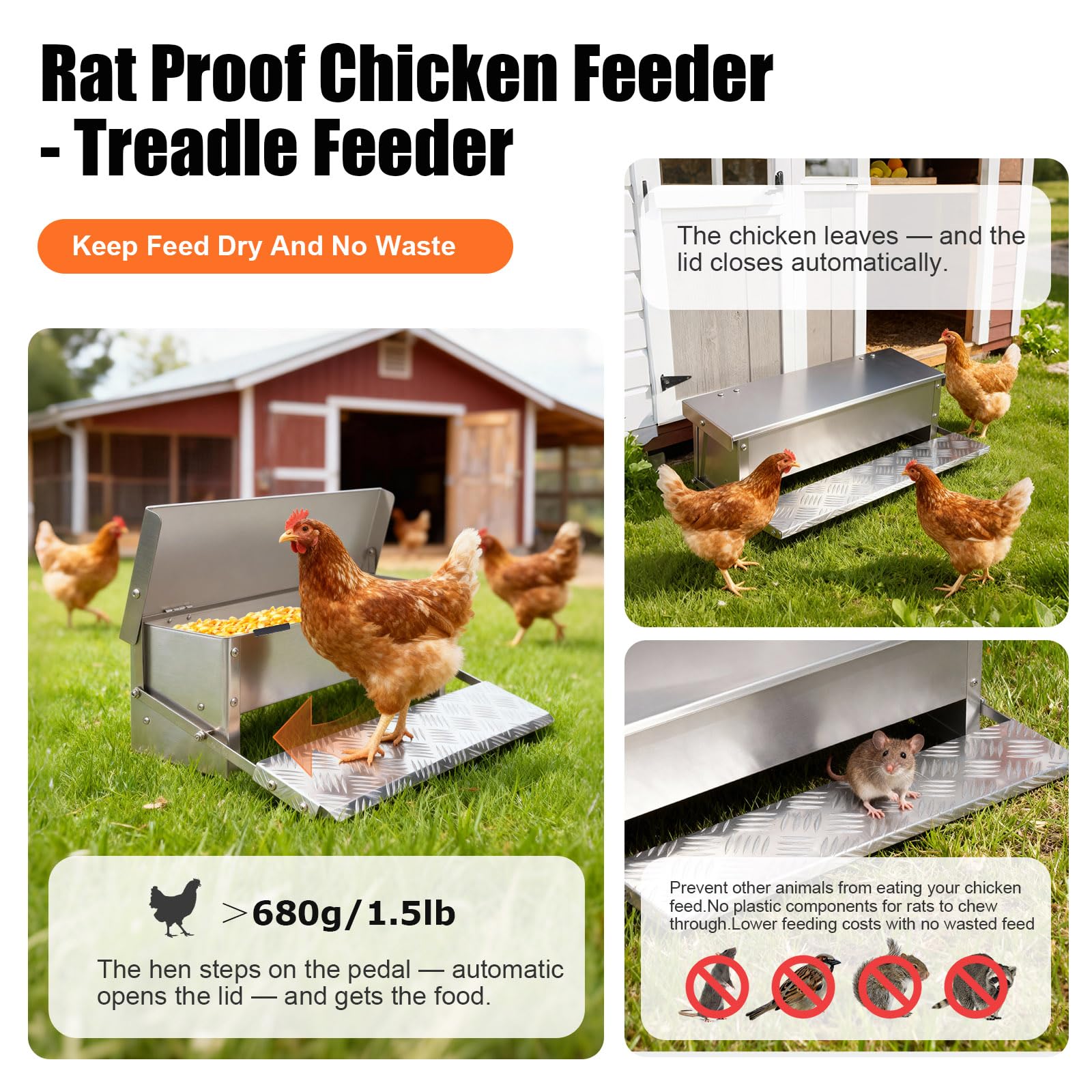 Comedero automático para pollos, comedero de aves de corral, sin residuos de metal, comedero de pedal con tapa resistente a la intemperie, comedero exterior para patos, bantamos, faisanes, 6