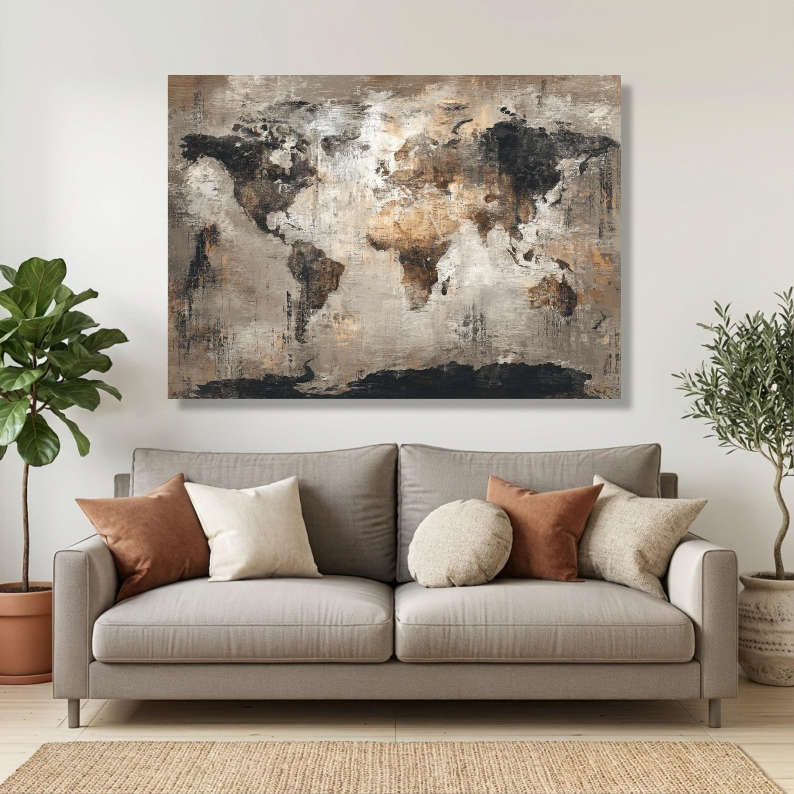XINBAO Vintage-Landkarten-Leinwandbild, neutrale Erdtöne, Reisedeko, Landkarte im rustikalen Stil, Dekoration für Zuhause oder Büro, fertig zum Aufhängen (50 x 70 cm/rahmenlos)