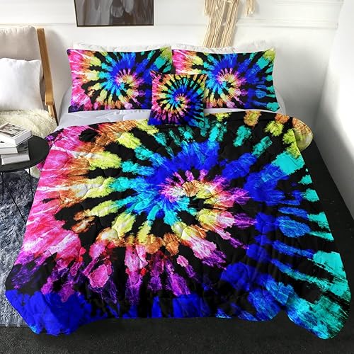 Sleepwish Purple Tie Dye Bedding Comforter Set Blue Tie Dye Bedding Spiral Tie Dyed Printed Bed Comforter, 4 Piece Boho Bohemian Hippie Bedding Sets, King Size