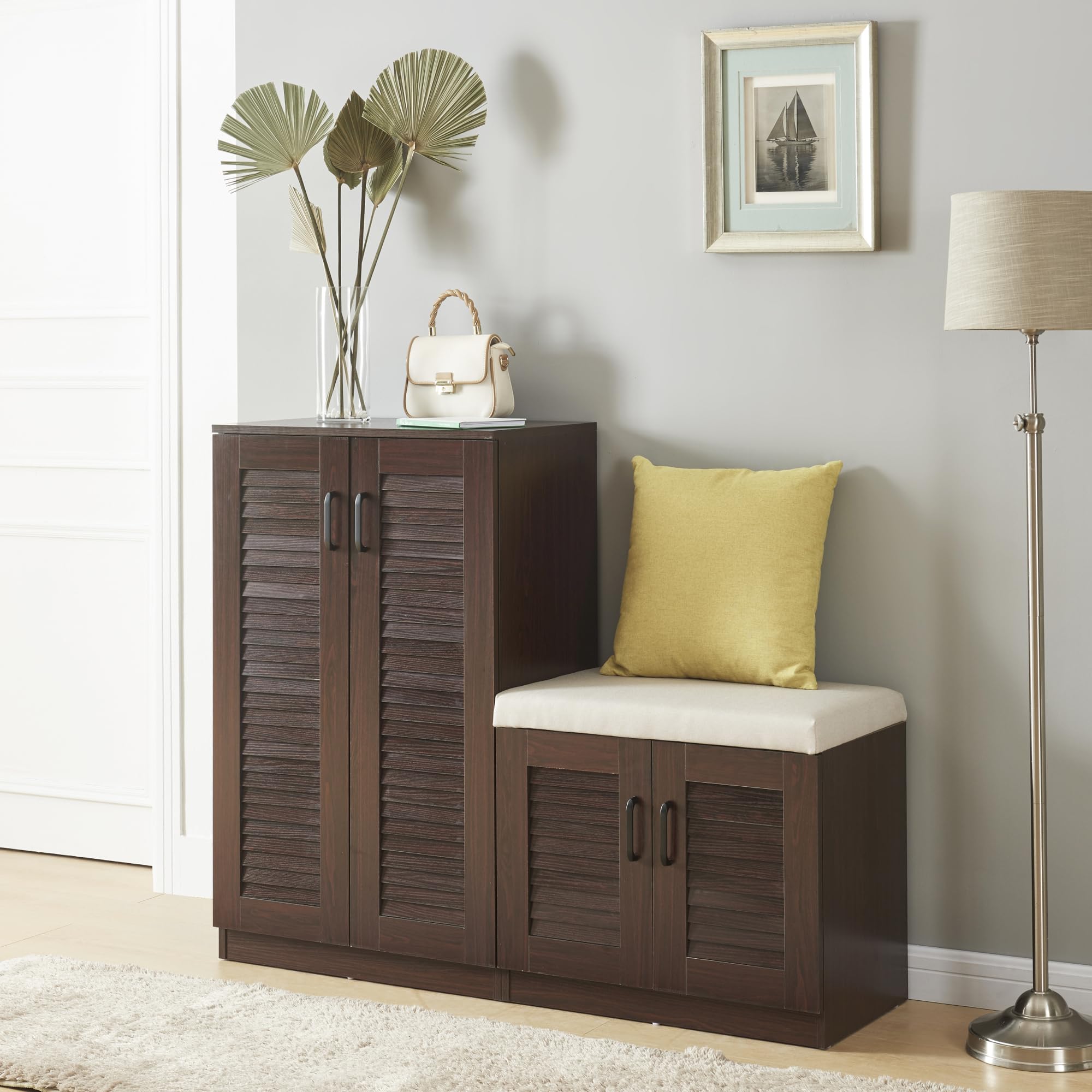 [en.casa] Set di Armadio Scarpiera e Panca Contenitore con Seduta Imbottita Mobile Portascarpe Ante a Persiana e Ripiani Inclinati 97 x 120 x 36 cm MDF Wengè