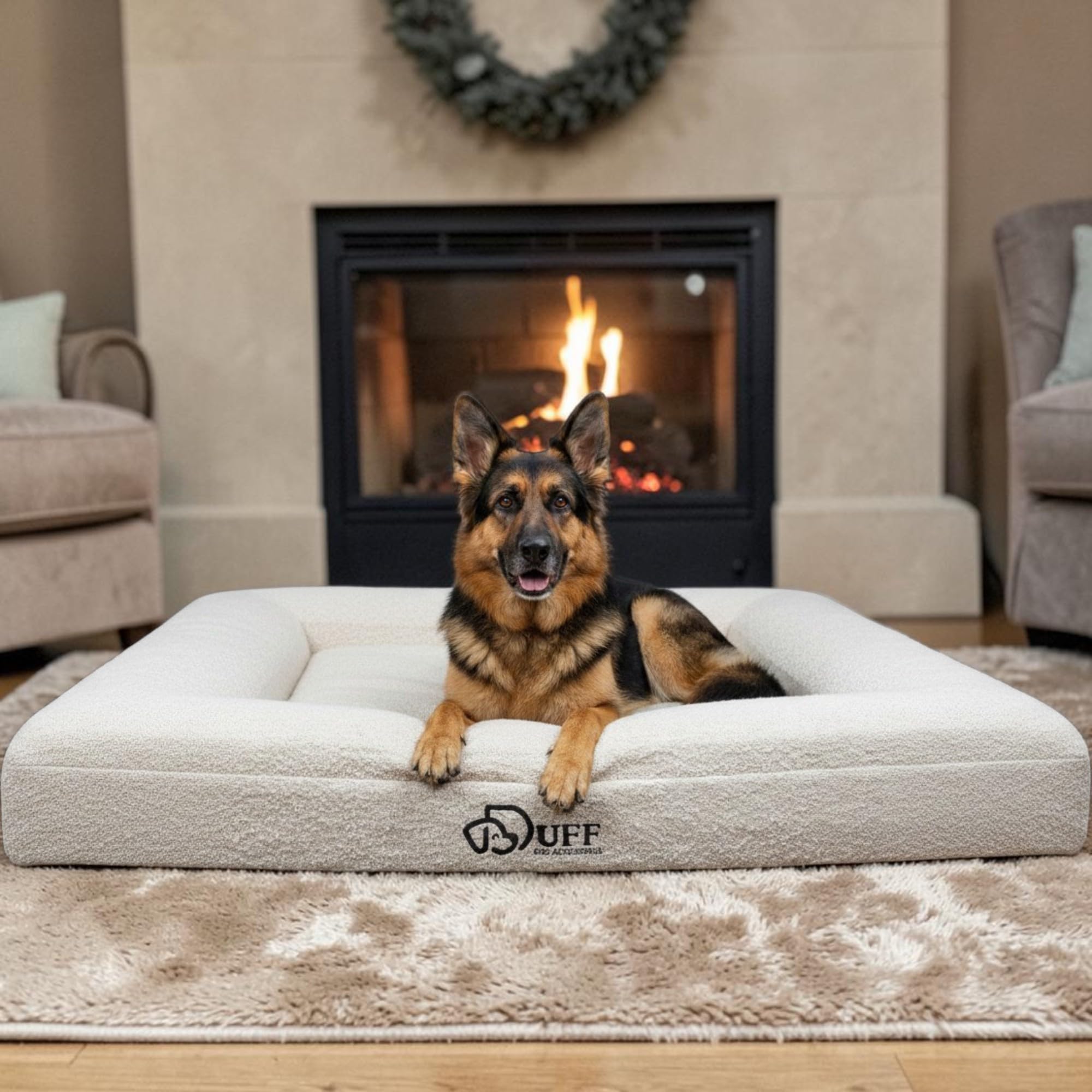 Duff® Lit Orthopédique Chien Grande Taille L (115x90 cm) – Matelas Mémoire de Forme Haute Densité – Tissu Bouclette Premium, Housse Lavable – Confort Durable & Élégant