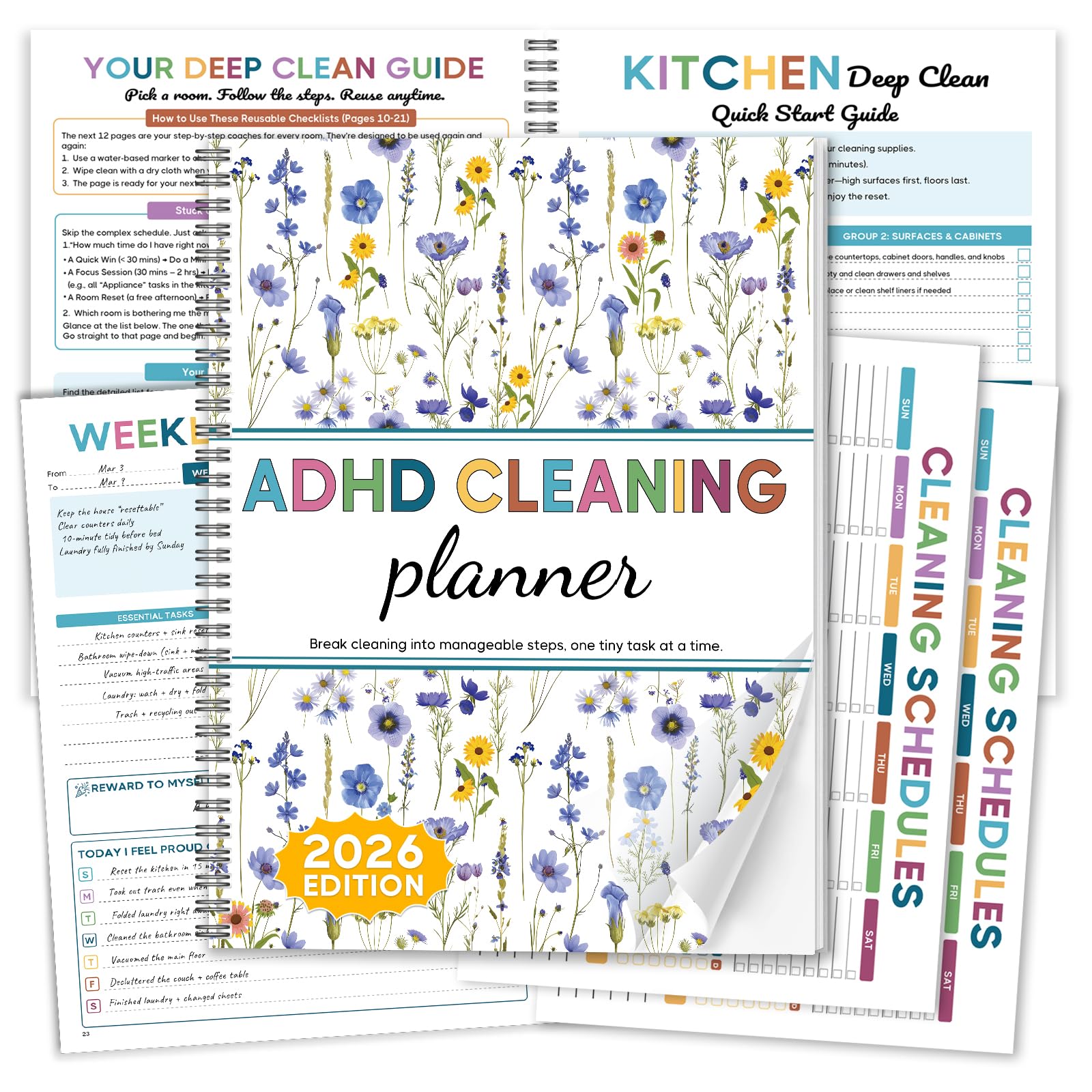 Agenda per la pulizia ADHD per adulti, design con copertina floreale, non datato, colorato, giornaliero, settimanale, mensile, trimestrale, annuale, diario a spirale in PVC, facile da pulire, per