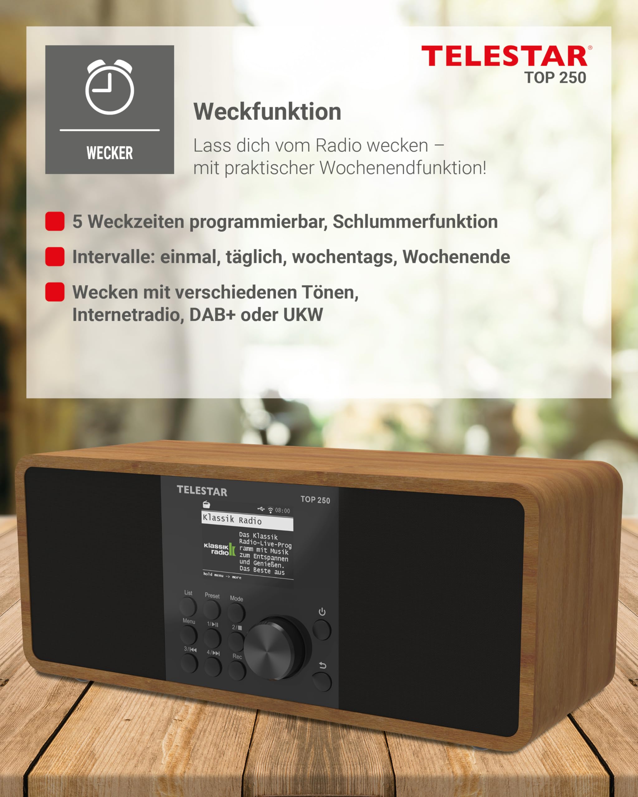 TELESTAR TOP 250 – DAB+/Internetradio, Stereo – Holz | 2 × 10 Watt, Bluetooth Audio-Streaming & Sendefunktion, USB-Aufnahme, Notfallwarnsystem, App-Steuerung