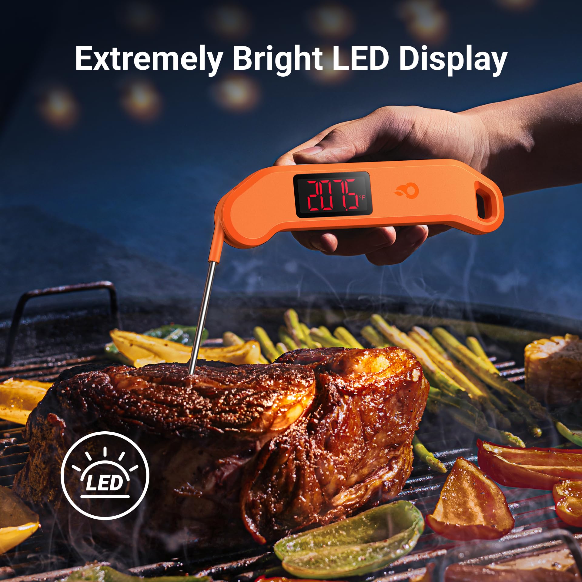 Thermomètre à viande numérique professionnel, lecture instantanée en 1 seconde, précision de ± 0,-15 °C, thermomètre alimentaire certifié NIST & NSF, écran LED lumineux à rotation automatique