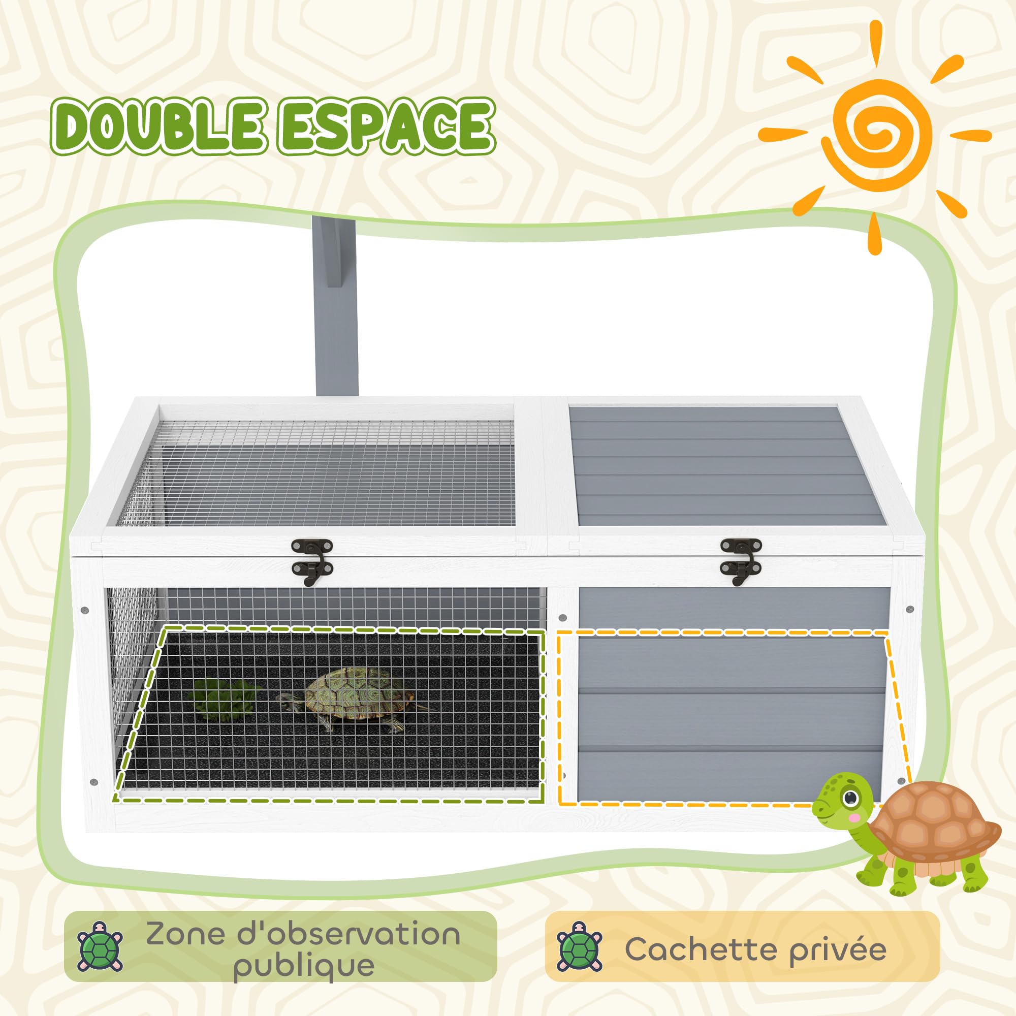 PawHut Enclos Tortue, Maison Tortue terrestre intérieur en Bois avec Support de Lampe, 2 Plateaux coulissants, Cage pour Tortue de Terre, Lapins et Petits Animaux - dim. 81 x 48 x 31,5 cm, Gris Clair