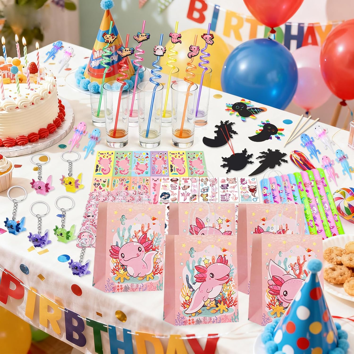 135 PCS Axolotl Party Favors Birthday Decorations Axolotl Keychains Stickers Drinking Straws Slap Bracelets Bulk Goodie Bag Stuffer and Gifts Bags for Axolotl Party Gifts Decorations Supplies