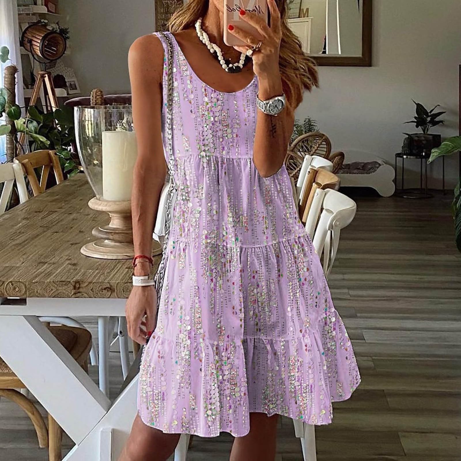 Vestido de verano para mujer con cuello redondo, sin mangas, transpirable, estampado de cristal brillante, vestido suelto para el tiempo libre, para el día a día, playa, viajes