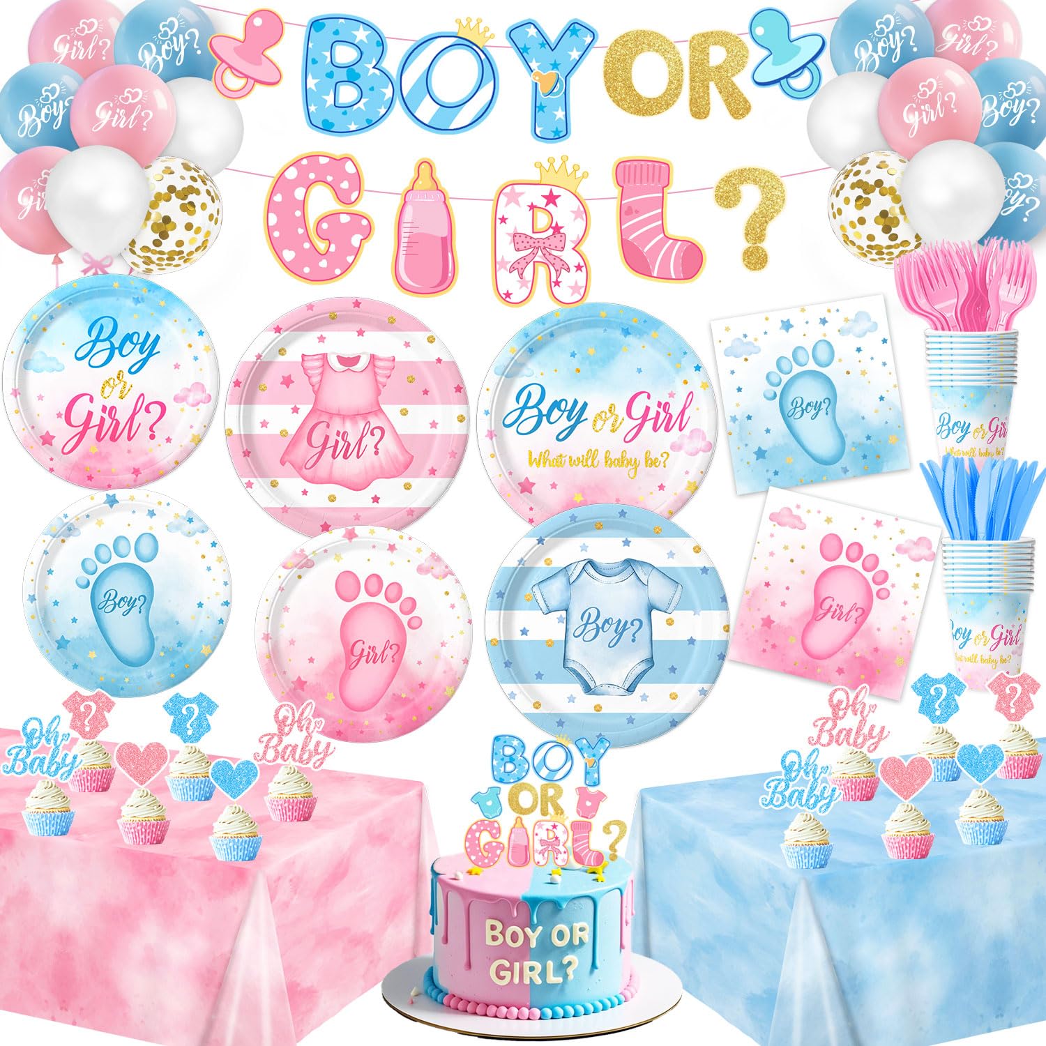 Gender Reveal Decorations Includes Plates, Napkins, Cups, Cutlery, Cake & Cupcake Toppers, Banner, Tablecloth, Balloons for Baby Gender Reveal