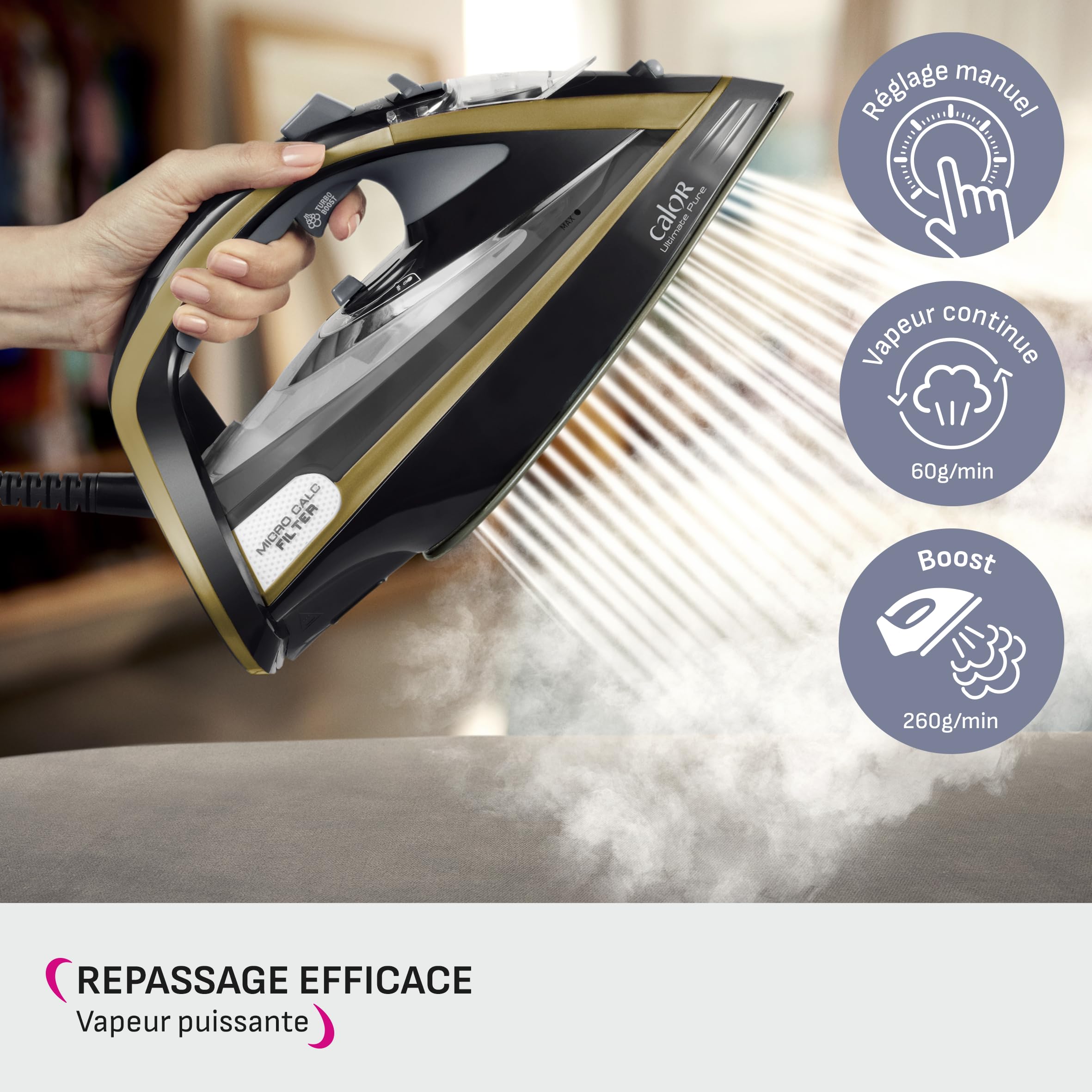 Visiter la boutique Calor Calor Ultimate Pure Fer à repasser vapeur, 3000 W, Filtre Micro Calc, Fonction pressing 260 g/min, Débit vapeur 60 g/min FV9839C0 in use