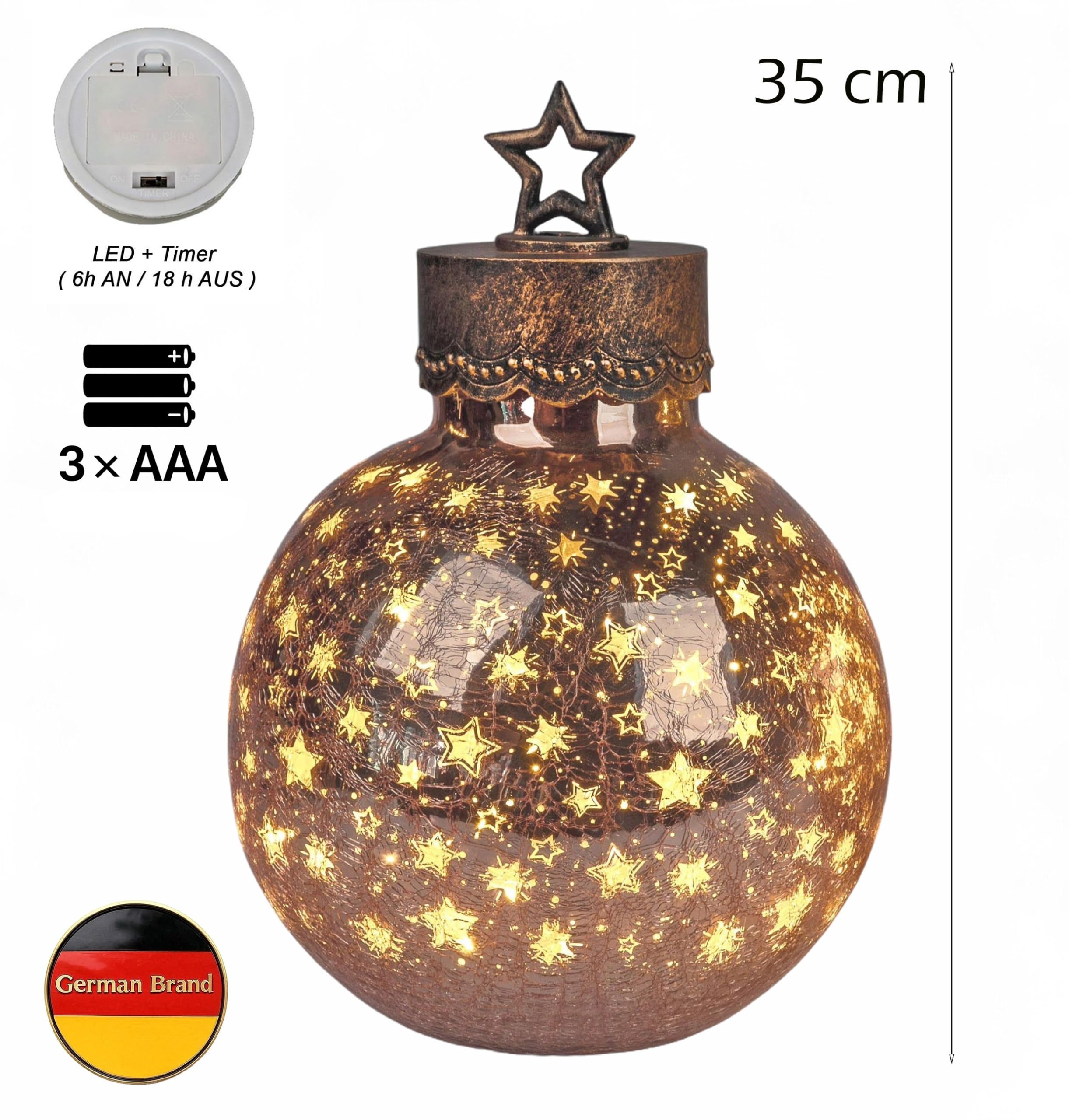 formano LED Deko-Kugel 35 cm Sterne Rose-Gold Glaskugel Timer 6h/18h beleuchtet - Batteriebetrieben - Herbst Winter Weihnachtsdeko für Tisch Regal Fensterbank