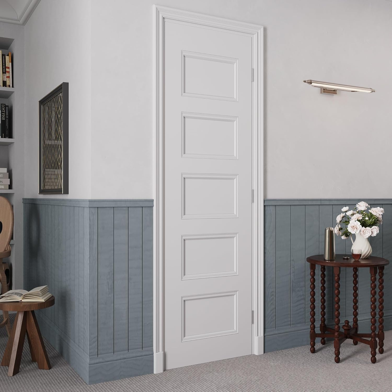 24" x 80" Prehung Interior Door, 5-Panel Solid Core Door Slab with Easy Assembly Jamb Kit, Interior Doors for Bedroom Pantry, Paintable Prefinished, Silver Hinges, Left Hand Inswing