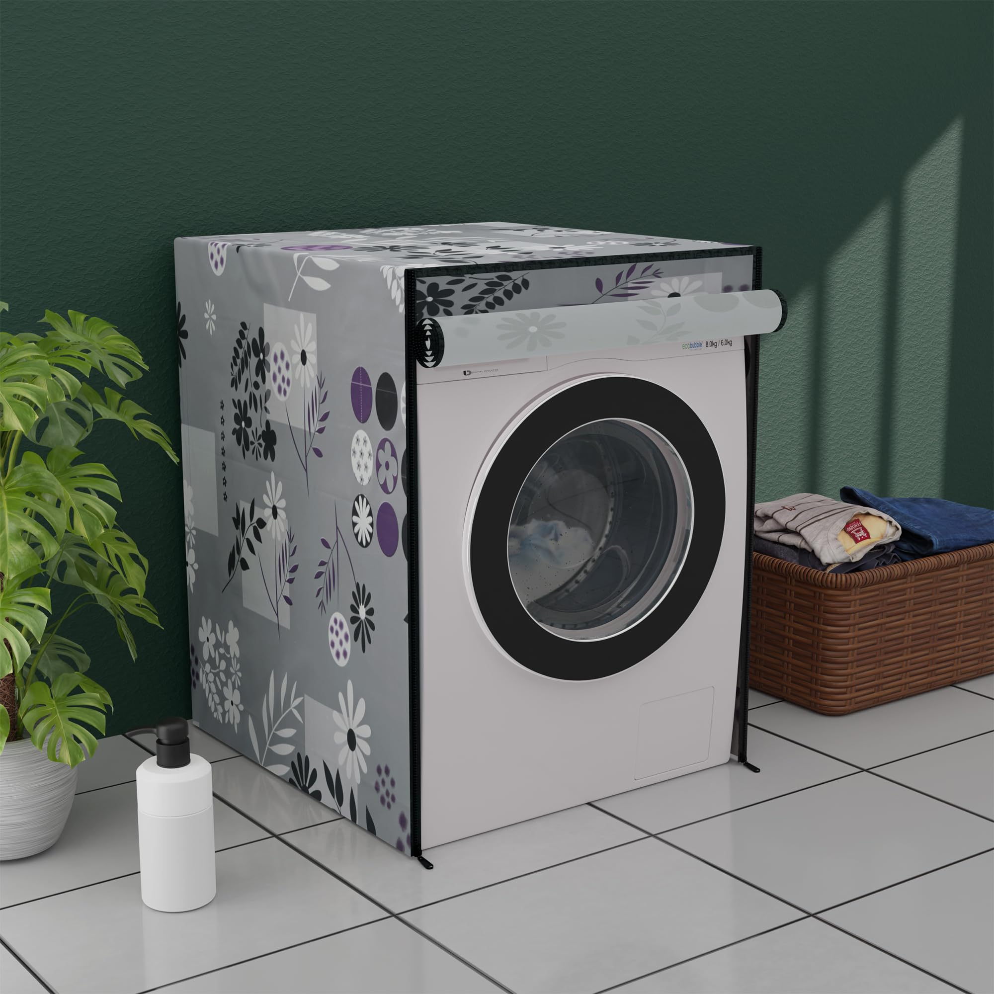 Kuber Industries Dustproof IFB Front Load Washing Machine Cover 6 Kg/6.5 Kg/7 Kg/7.5 Kg with Zip | Washing Machine Cover Front Load with Cut-Out Space for Wire/Pipe | Grey Flower Circle