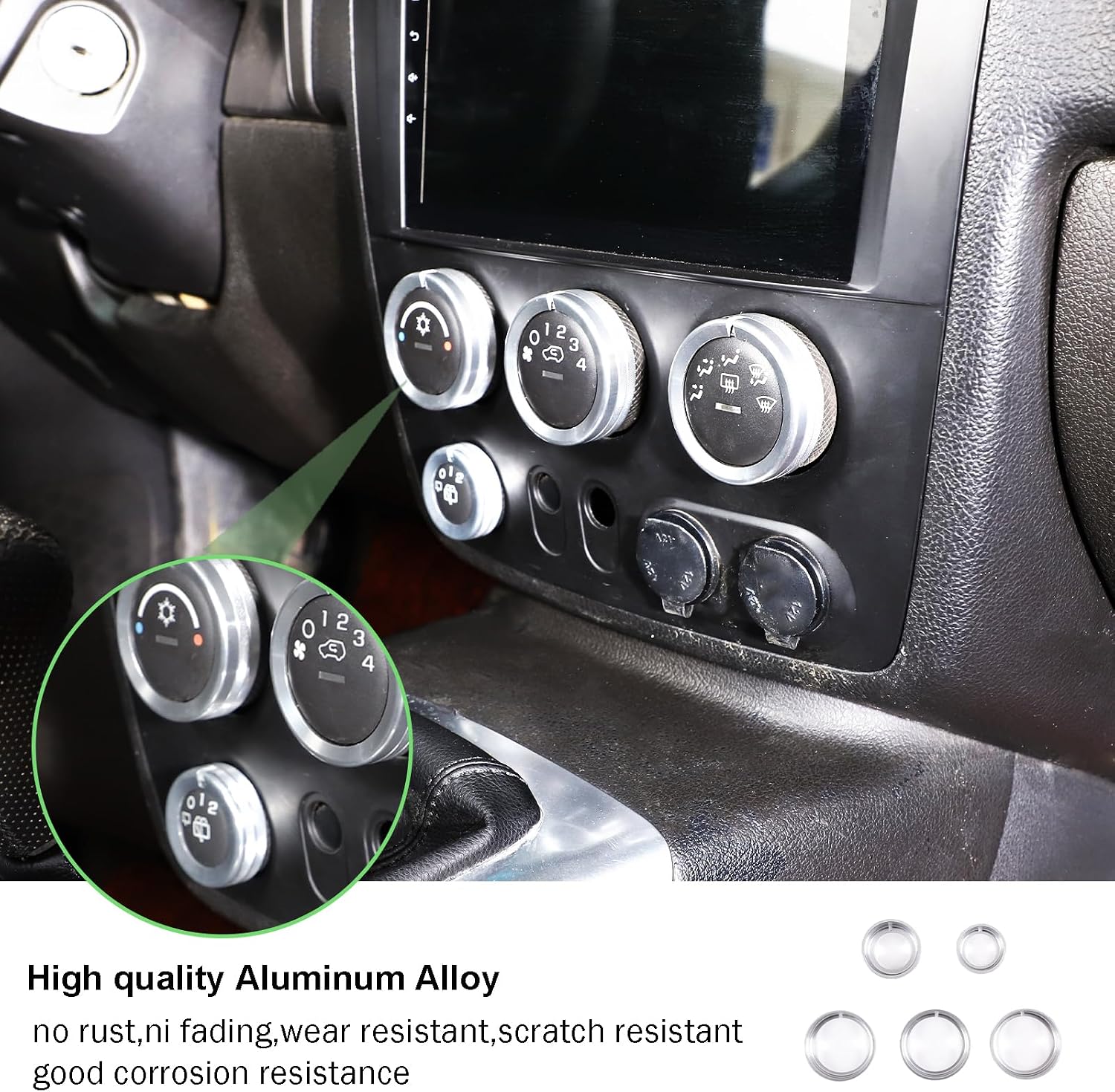 PIUGILH Center Consoles Air Conditioner Switch Knob Cover Trim Compatible with Hummer H3 2005-2009, Aluminum AC Air Conditioning Knob Button Cover, 5PCS (Silver)