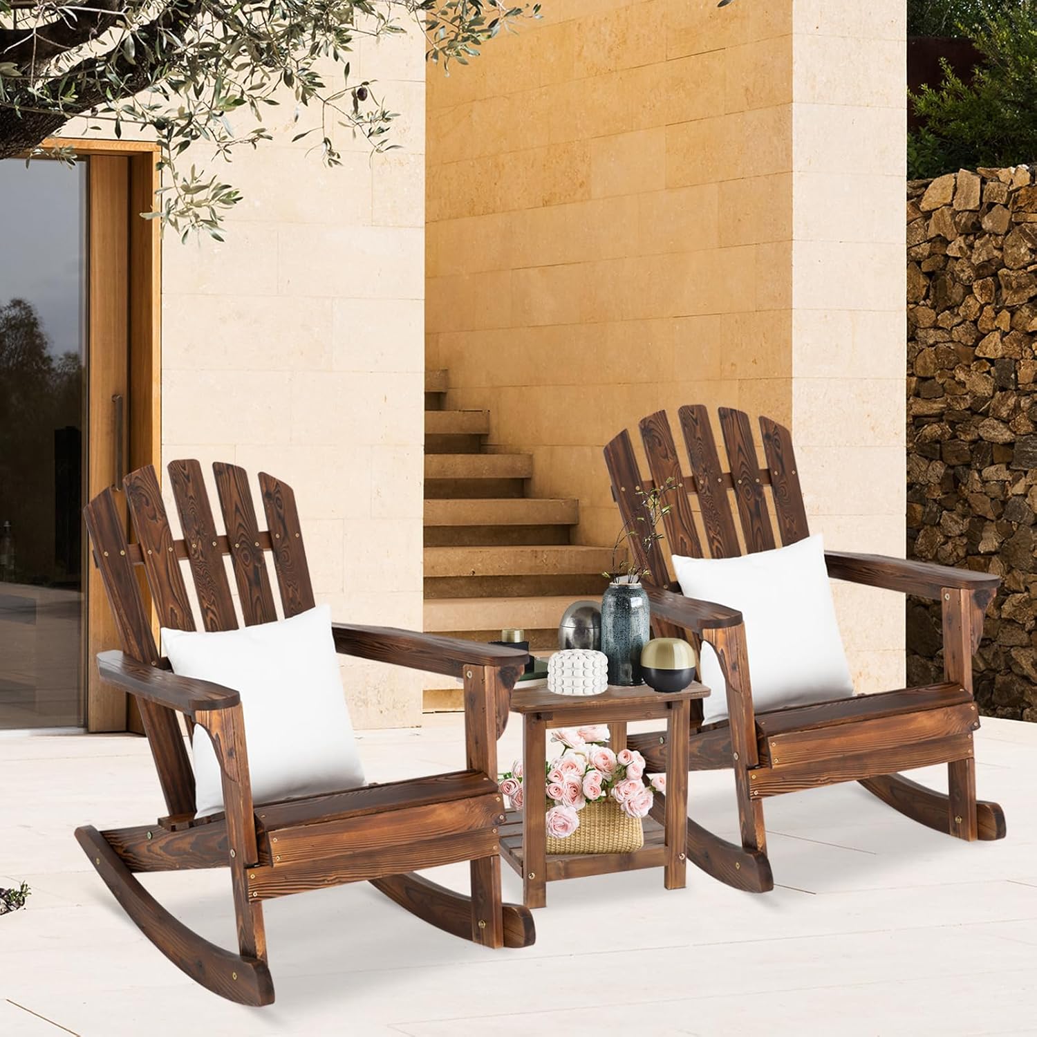 3 PCS Rocking Bistro Set - Patio Rocking Chair Set (2 Chairs + 1 Table), Rustic Adirondack Rocker Chairs & Side Table for Outdoor, Garden, Backyard (Brown)