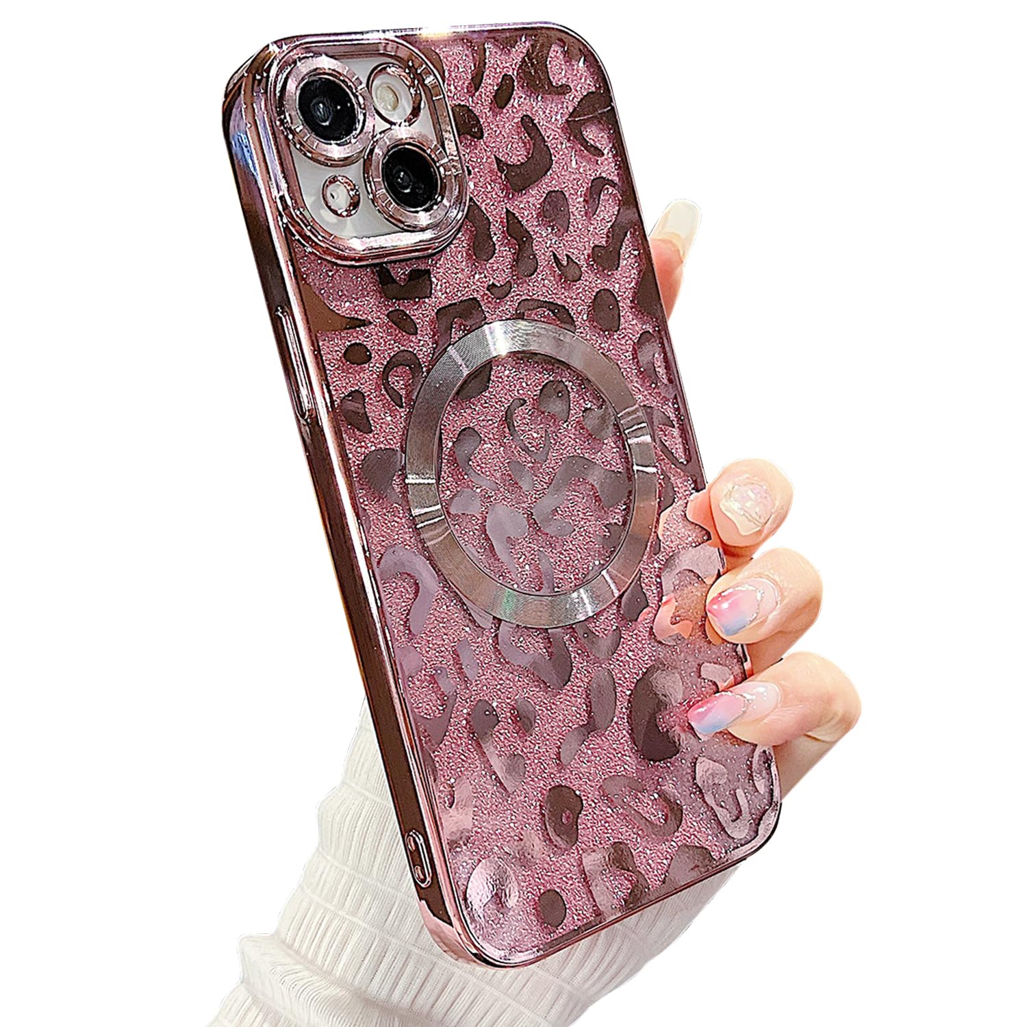 ZONRW for iPhone 15 Plus Case Magnetic,Soft Cute Luxury Leopard Cheetah Pattern Plating Glitter Bling Phone Case Compatible with MagSafe Clear