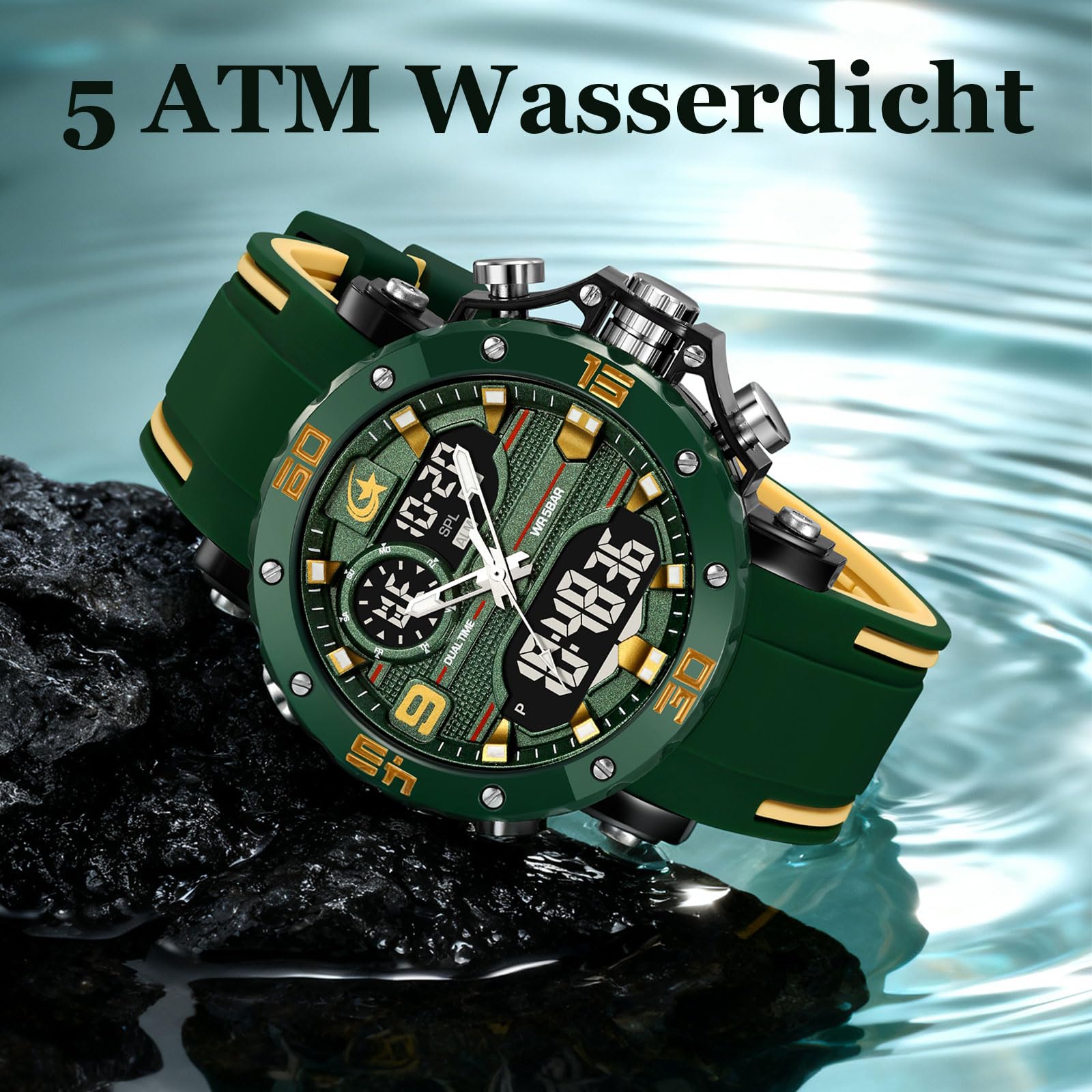 findtime Reloj de hombre militar digital analógico deportivo para exteriores, doble hora, resistente al agua, iluminación LED, esfera grande, reloj con alarma, fecha, 12/24 h, cronómetro, cronómetro