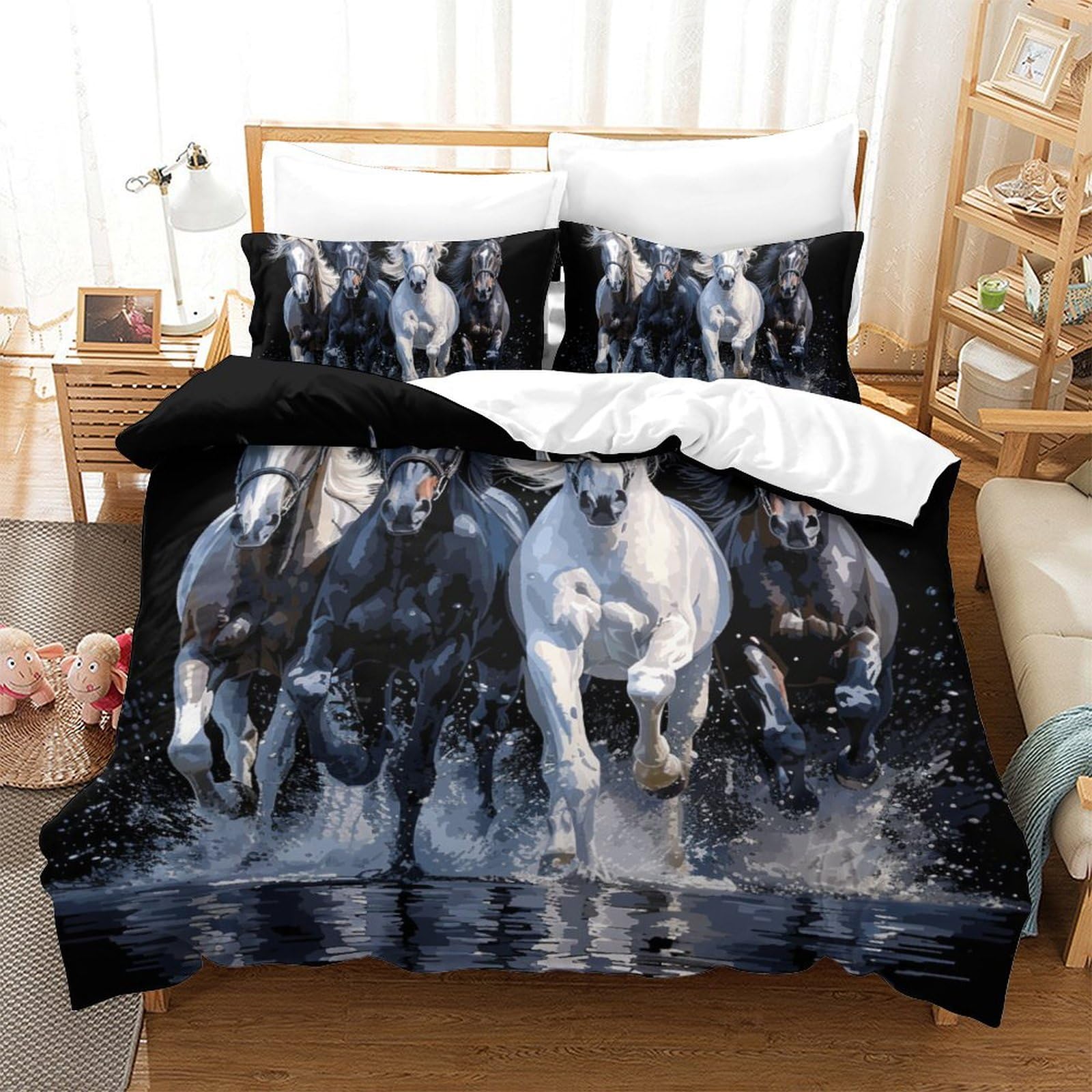 Parure de lit 3D cheval 220x240cm en microfibre avec housse de couette et taies