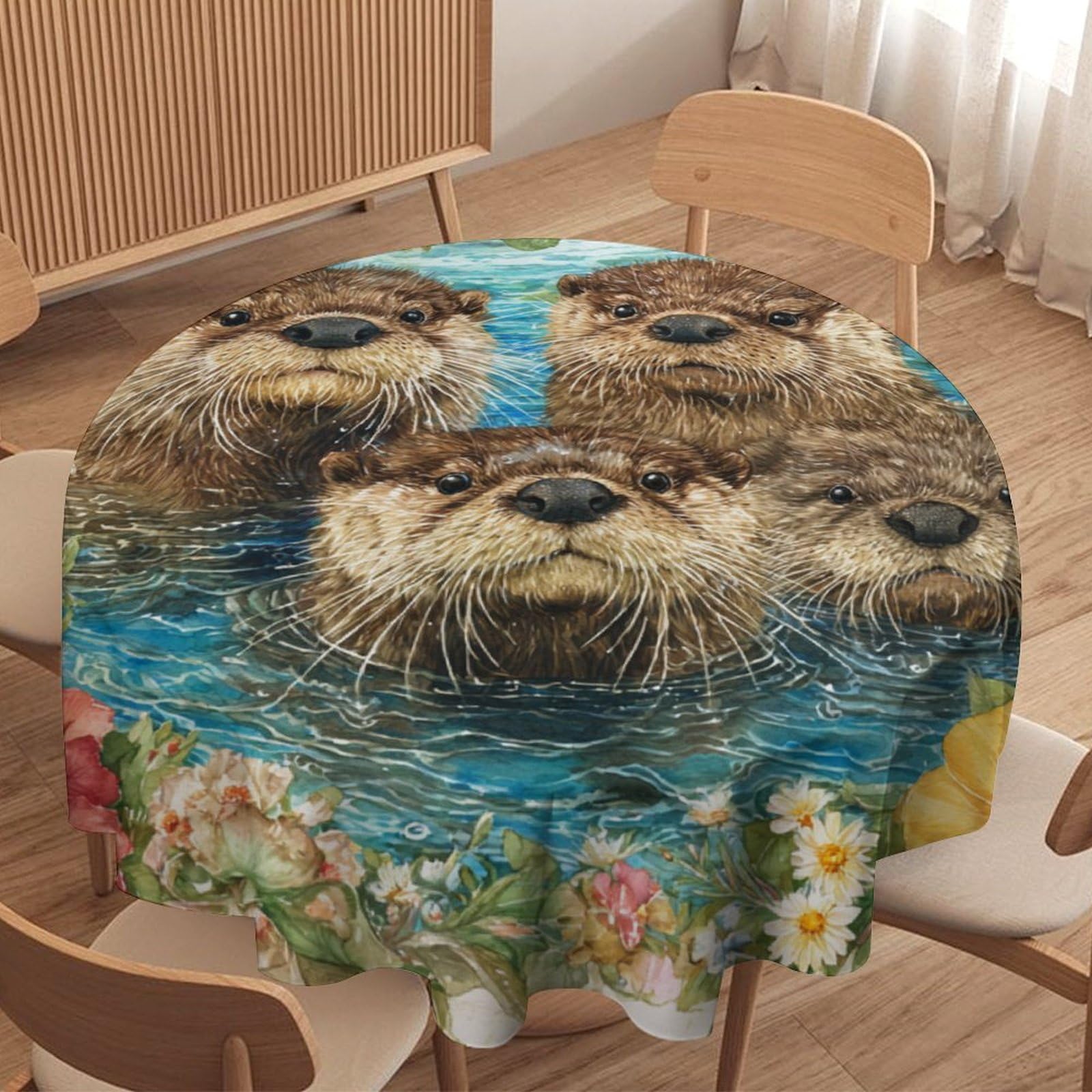 LUYYSKY Rustic Classic Cute Otters Waterproof Round Tablecloth Beautiful Funny Spring Plants Flowers Animals Otters Pattern Washable Table Cover for Kitchen-91.4" Wx91.4 L cm
