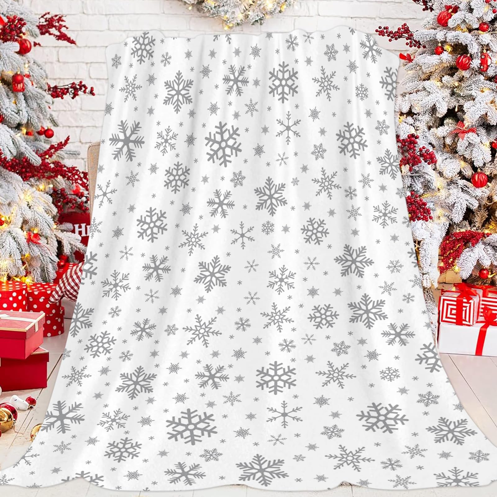 JOOCAR Grey Snowflake Throw Blanket Winter Merry Christmas White Blanket Cozy Soft Lightweight Flannel Plush Blankets for Bed Couch Living Room Sofa Chair,40x50 Inch - Image 2