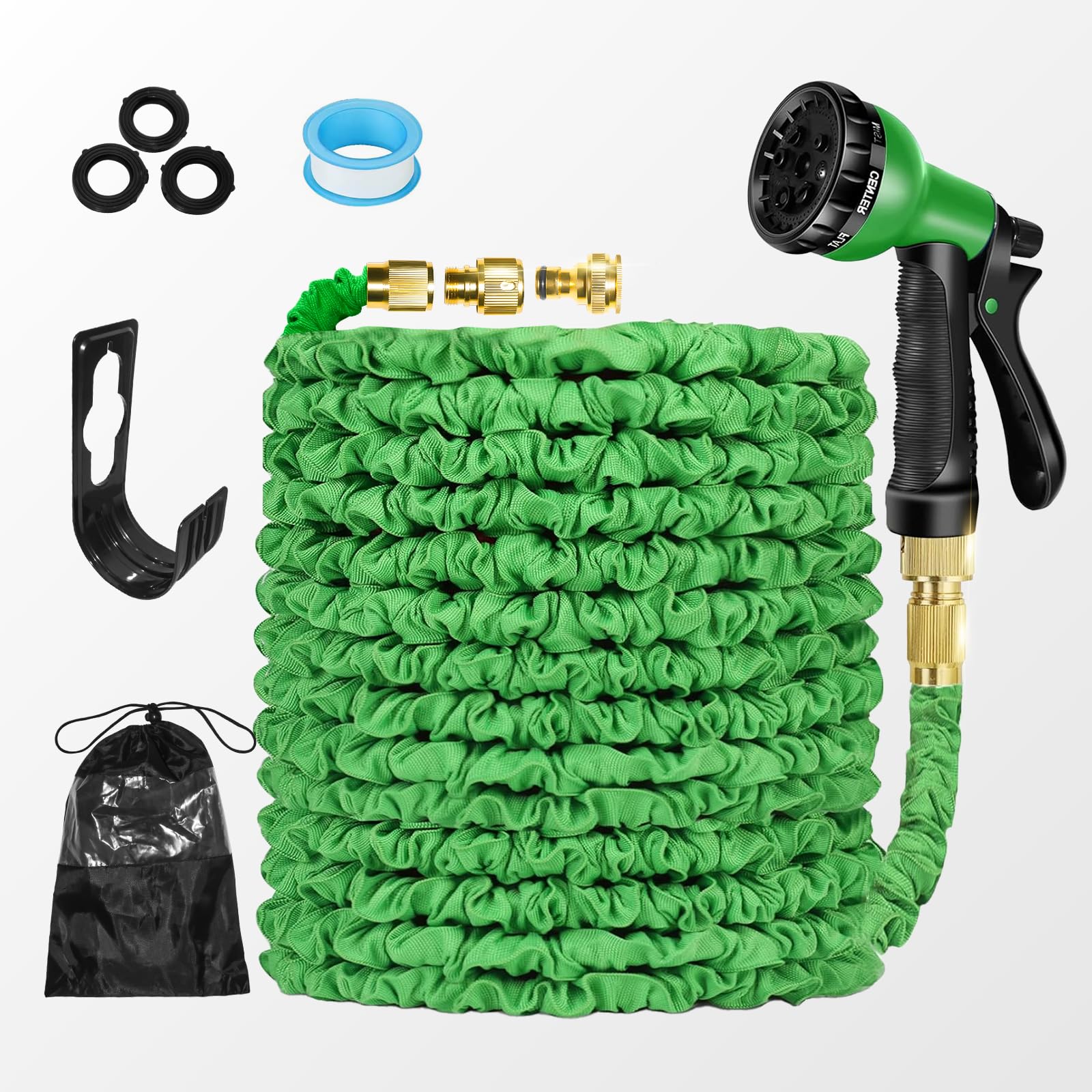 Garden Hose Pipe Expandable 30m(100ft) Heavy Duty Flexible with Spray Gun, 3/4" 1/2" Solid Brass Fittings, Triple Latex Core, 8 Fuctions Kink Free Leak Proof Hosepipe, Green