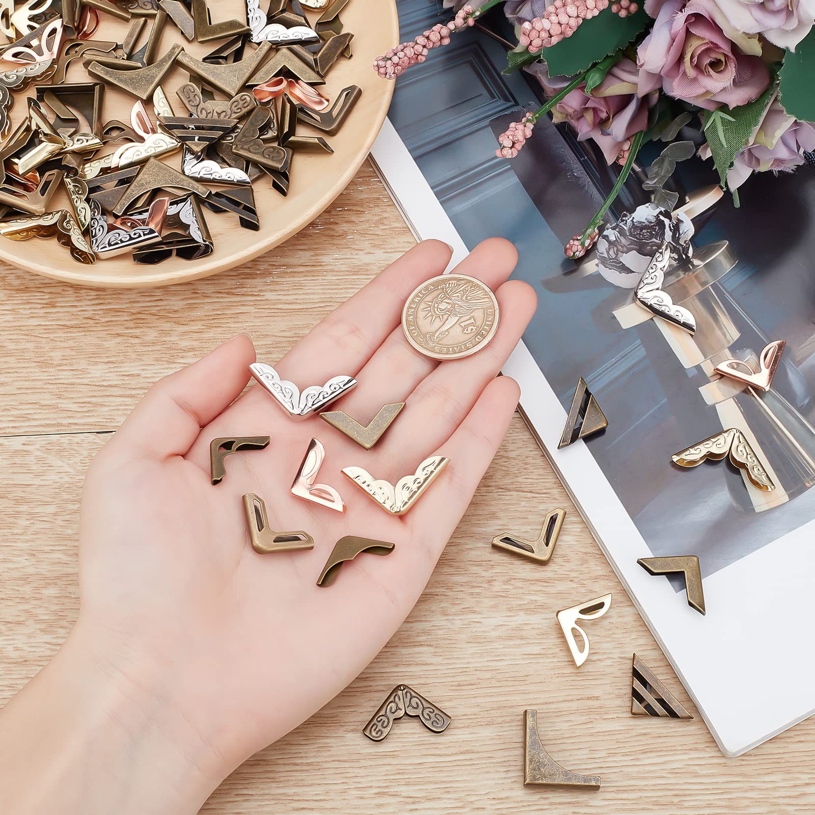 160pcs Golden Book Corner Protectors - 8 Style Vintage Iron Triangle Edge Guards