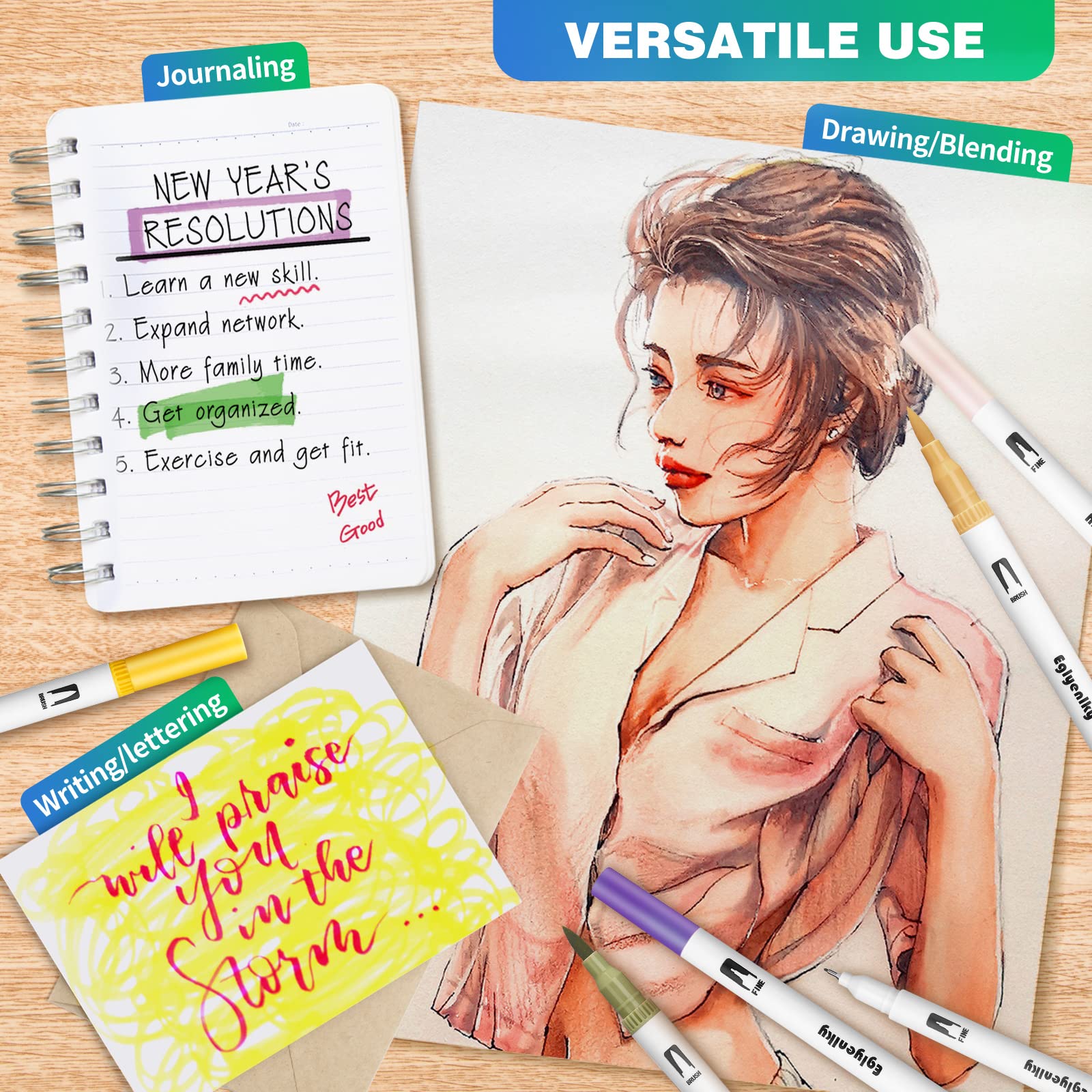 Eglyenlky Pennarelli colorati per libri da colorare per adulti, penne a doppia punta con 100 pennelli ad acquerello e pennarello a punta fine per bambini, scritte da disegno calligrafia