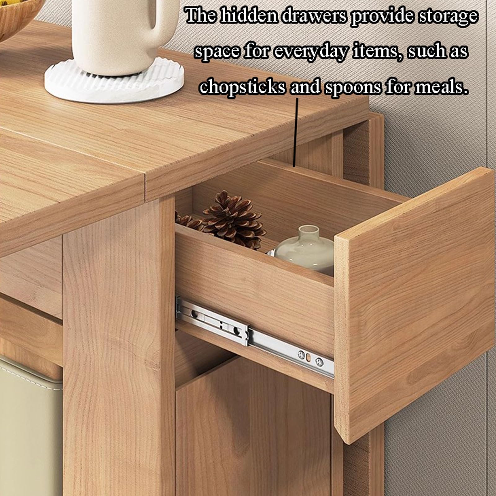 Generico Set tavolo da pranzo pieghevole, Tavoli in legno regolabili con 2 cassetti portaoggetti e 4 ruote, Tavolo da pranzo pieghevole facile da spostare ideale per la sala da pranzo di casa