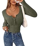 Women's Long Sleeve Tops 2025 Fall Fashion Henley Shirts Slim Fitted Ribbed Knit Tees Blouses Going Out Outfits