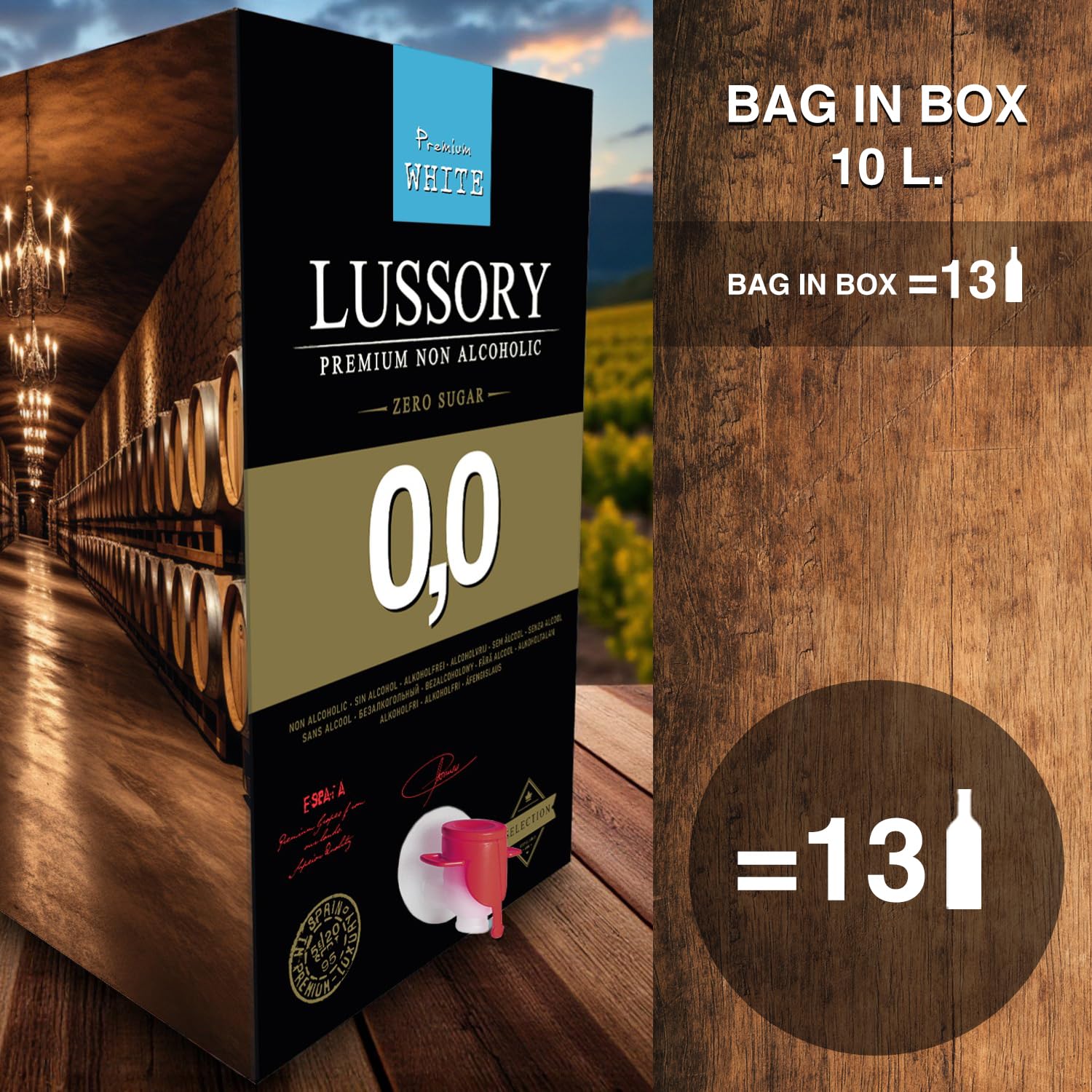 Vino Blanco SIN ALCOHOL 0,0 - LUSSORY PREMIUM | Bag in Box 10 litros | Equivalente a más de 13 botellas de 750ml | Formato ahorro con grifo | SIN azúcar, SIN alcohol, BAJO en calorías