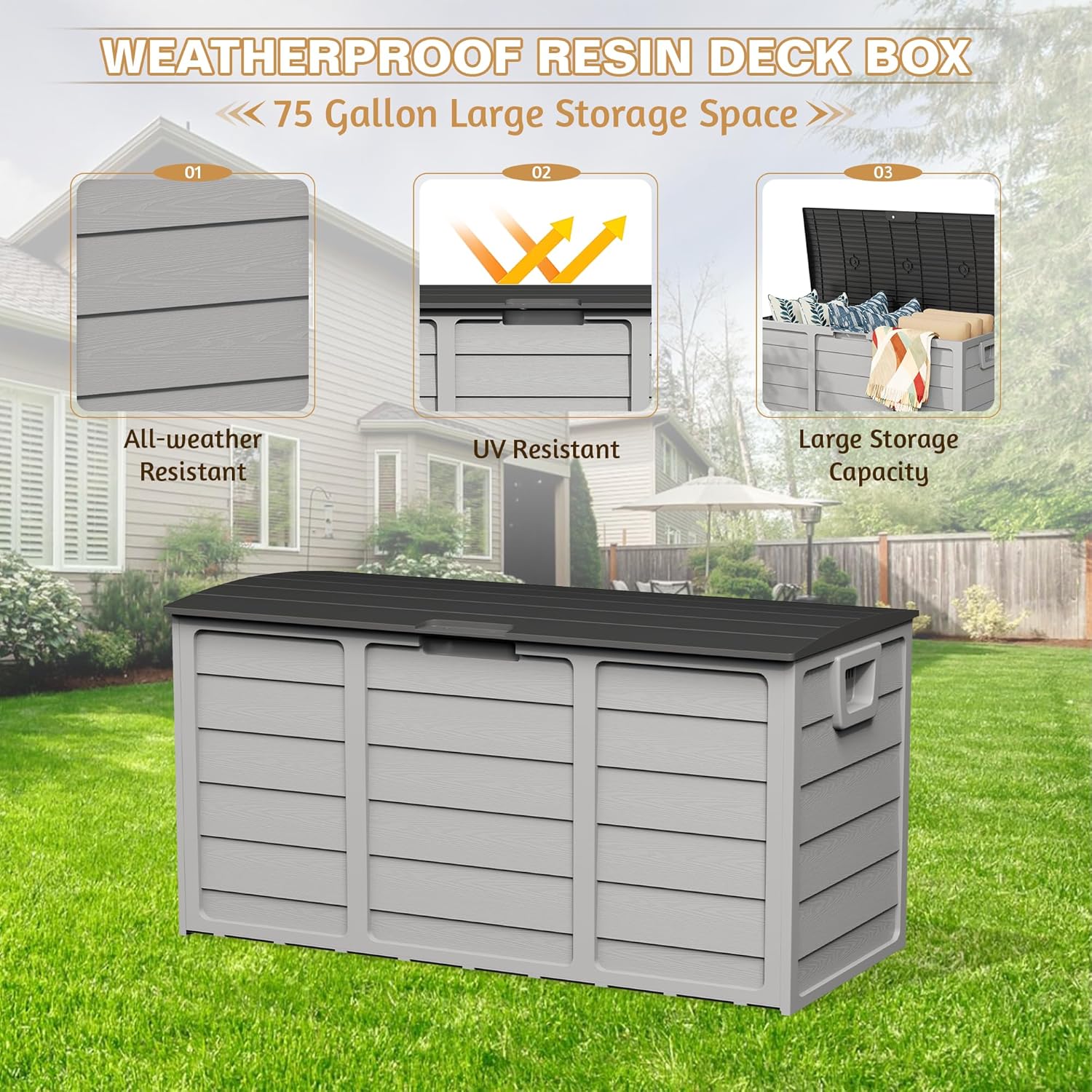 75 Gallon Deck Box - Outdoor Waterproof Storage with Lockable Lid, Heavy Duty Resin for Patio Furniture Cushions, UV & Weather Resistant (Grey)