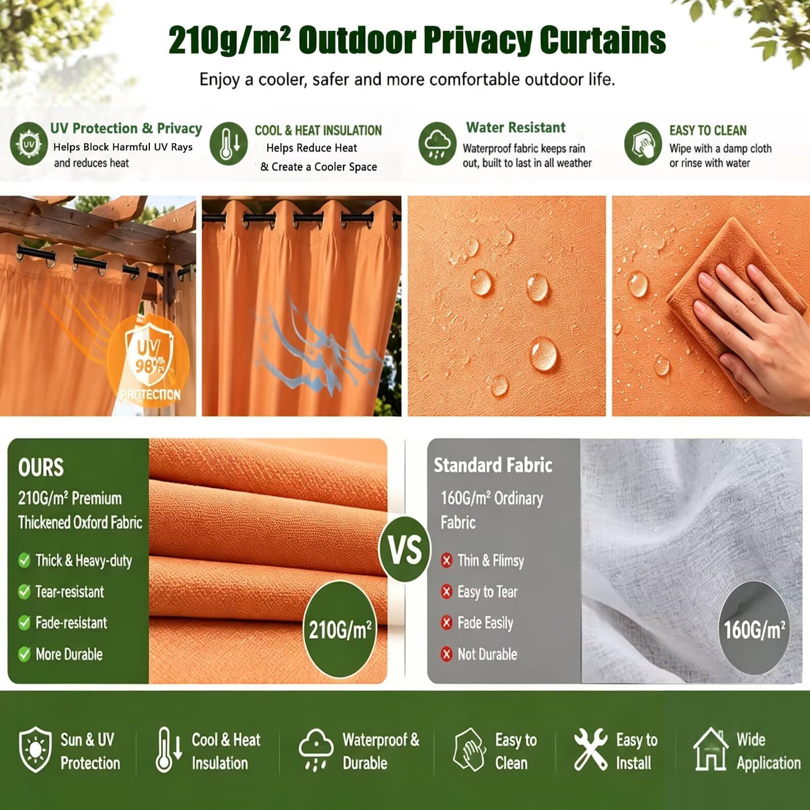 Rideaux pour balcon extérieur imperméables 2 panneaux H213 x L355cm orange