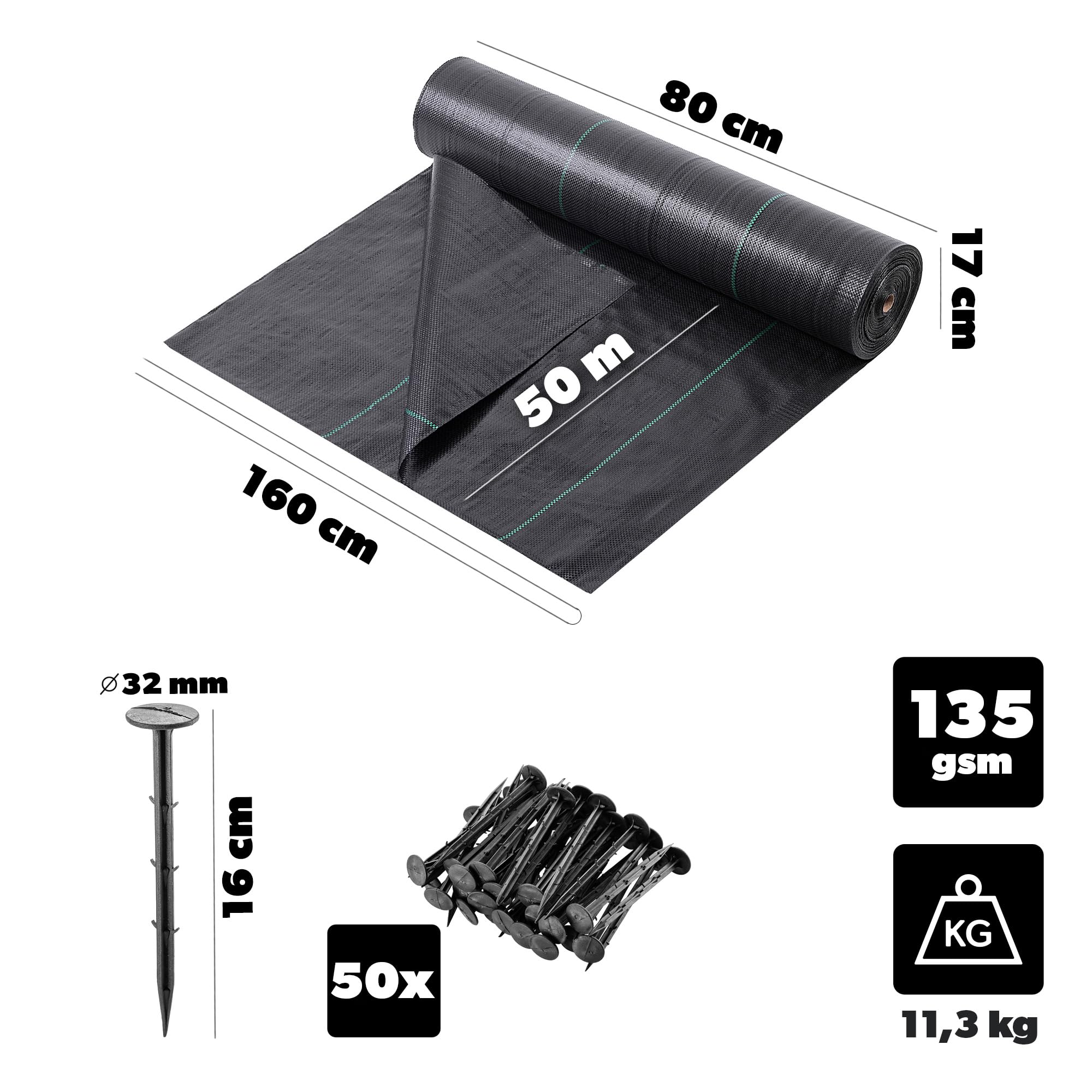 KADAX Unkrautvlies 1.6 x 50 m, 135g/m², Gartenfolie aus Polypropylen, Gartenvlies gegen Unkraut, Unkrautgewebe Wasserdurchlässig, Pflanzenvlies (Schwarz)