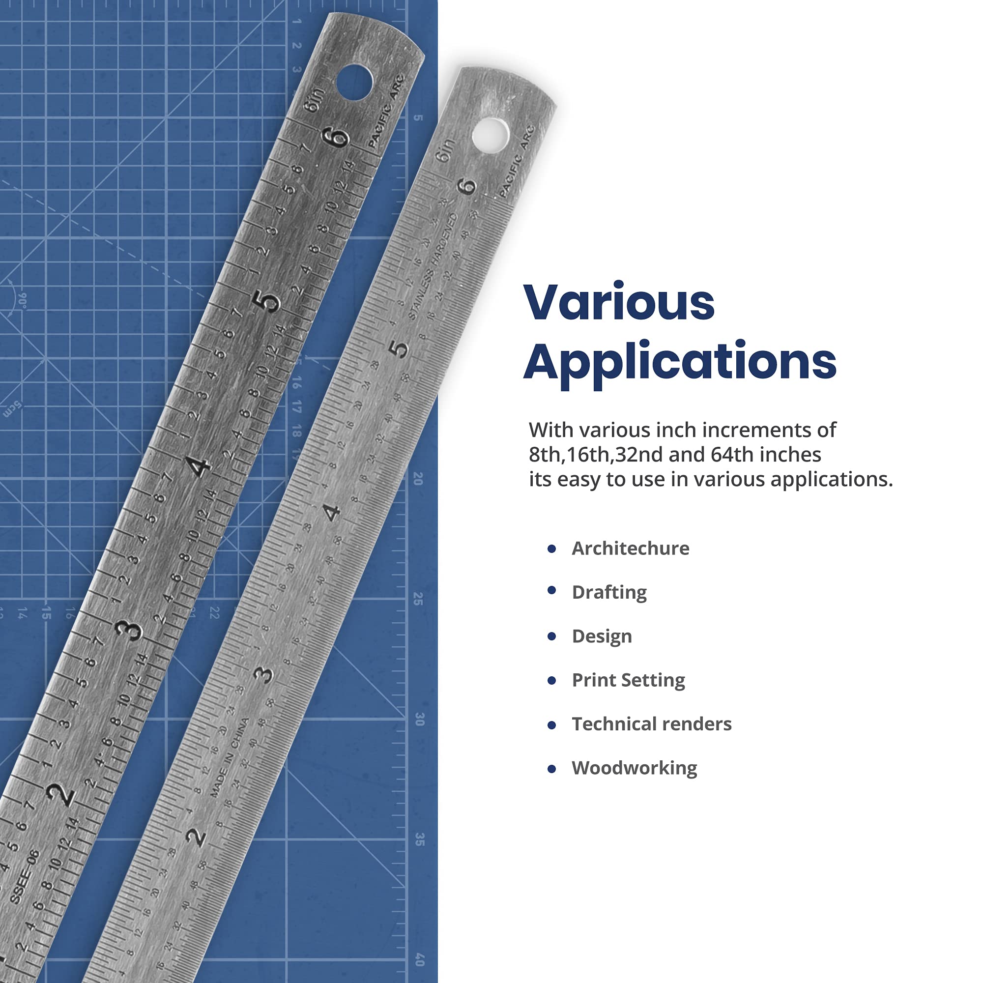 Etched Graduations Metal Ruler Pacific Arc Stainless Steel Ruler Inch ...