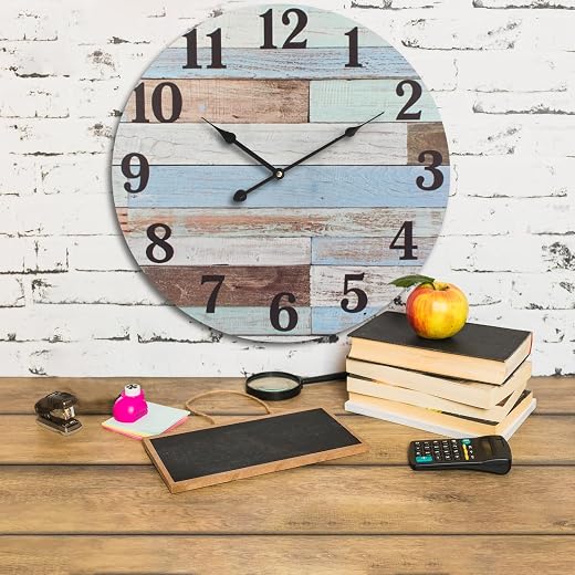 24 Inch Blue Woodgrain Shiplap Wall Clocks for Living Room Decor, Large Farmhouse Wall