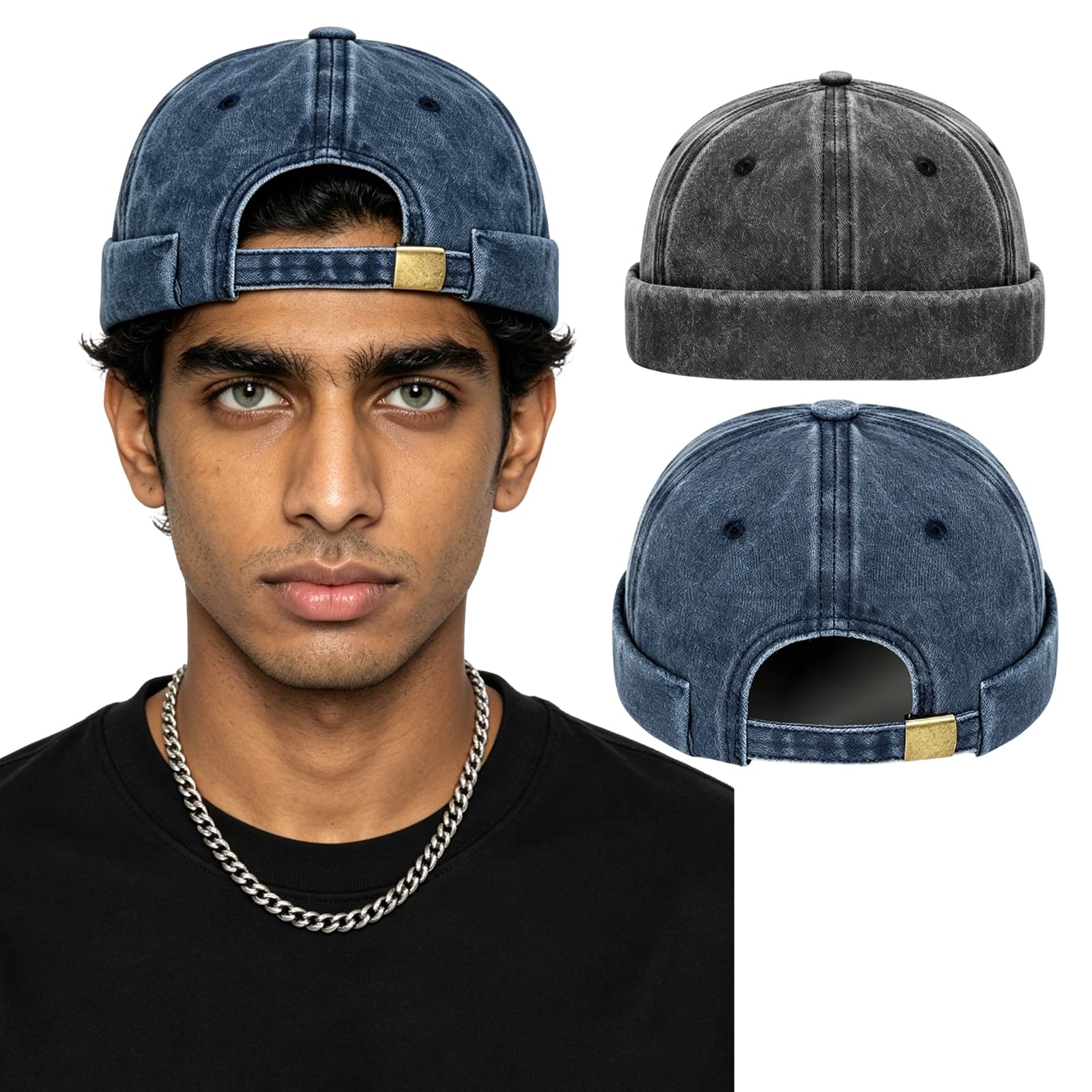 2PCS Brimless Cap for Men, Hat Cap for Men (Black and Navy Blue) | Adjustable Washed Denim Beanie Cap, Breathable Lightweight Mesh, For Outdoor Everyday Wear,Sun Protection, Wind Protection-picture-18