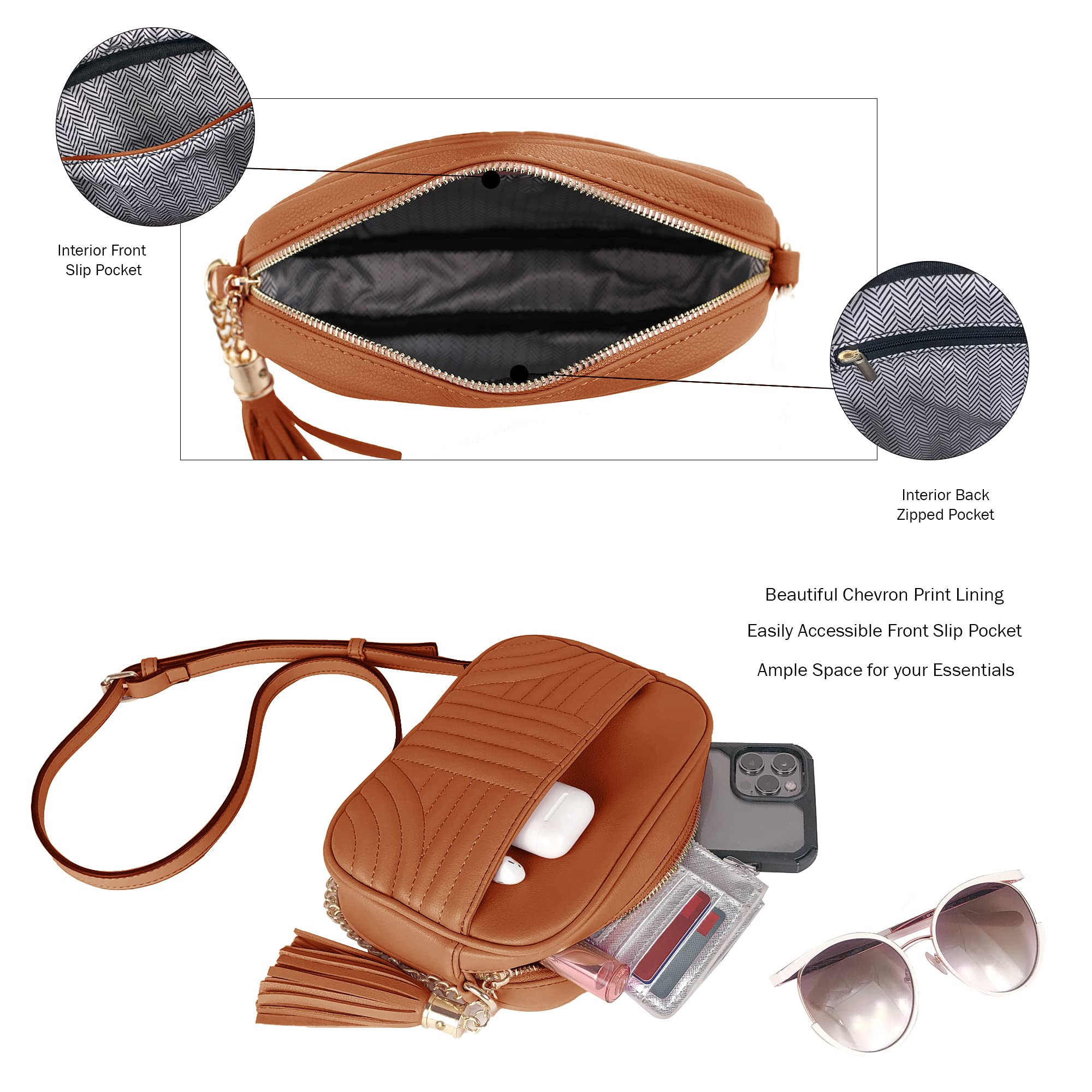 EVVE Quilted Crossbody Bags for Women - Stylish Camera Bag with Tassel - Lightweight Medium Size Shoulder Purse