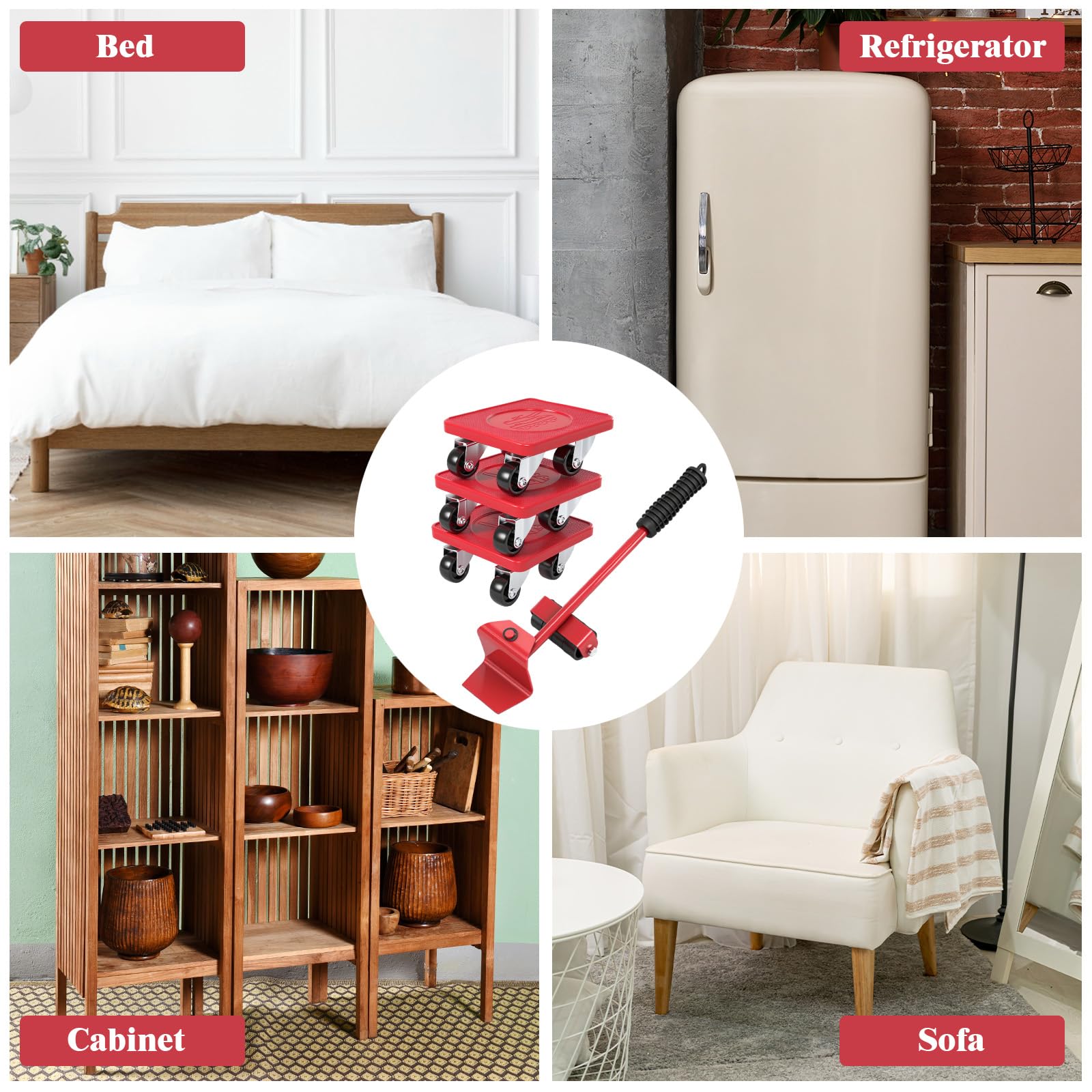 5 Pièces Kit de Transport de Meubles, Kit de Deplace Meuble a Roulette, Leve Meuble, Rotation à 360°, Leve Meuble Lourd Élévateur pour Sofa Machine Laver Garde Robe Réfrigérateur