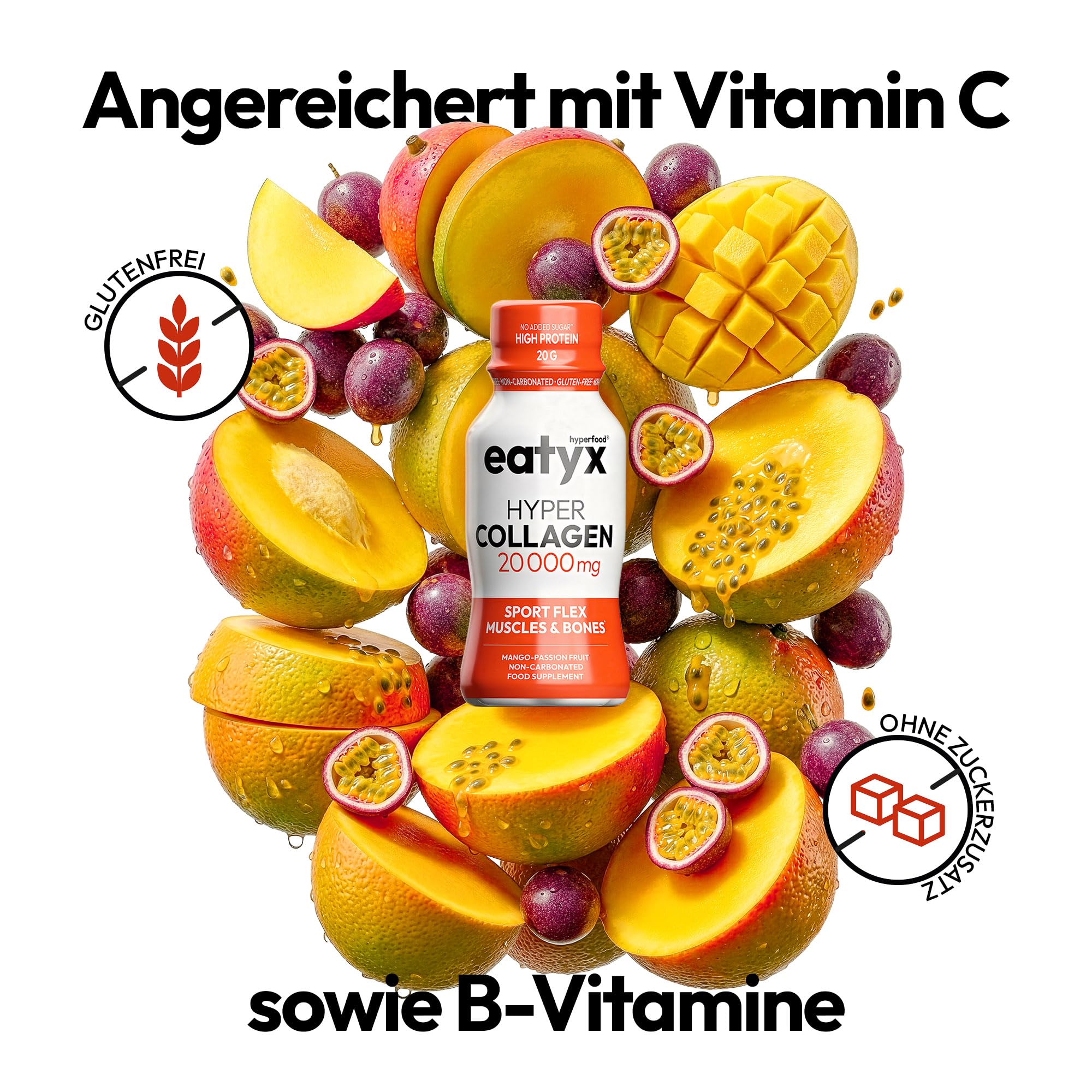 eatyx Hyper Collagen Sport Flex 30 x 95 ml – Miesięczna kuracja zawierająca 20 000 mg kolagenu na porcję – Kolagen do picia dla mięśni i kości – Mango i marakuja – Bez glutenu, bez dodatku cukru